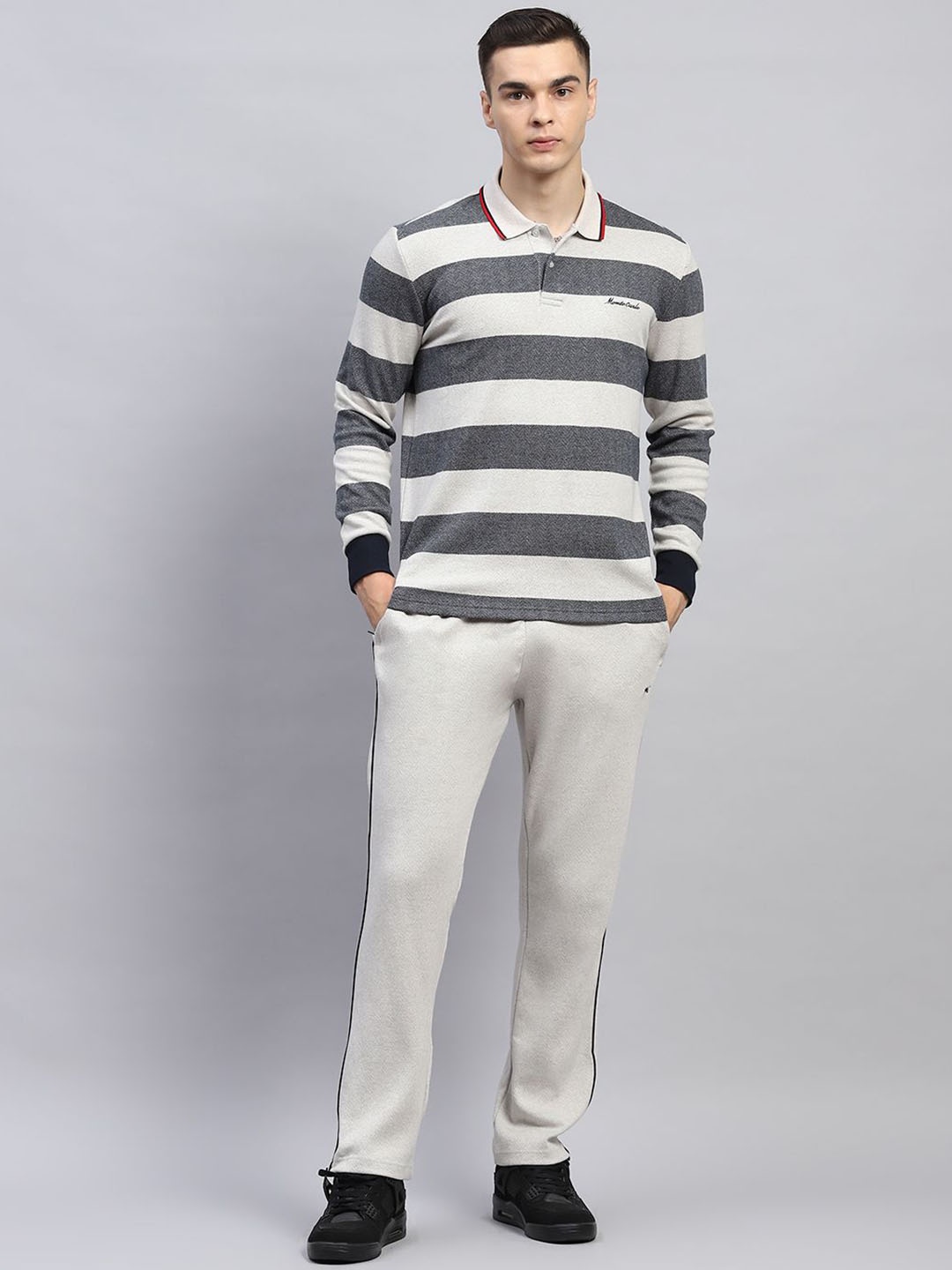 

Monte Carlo Striped Polo Collar Long Sleeves T-Shirt With Trouser, Grey