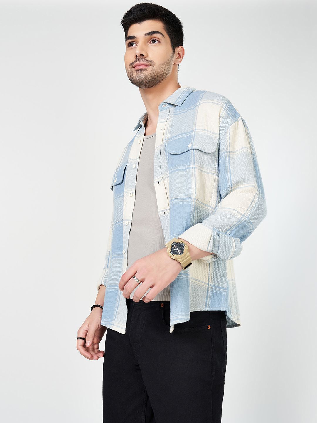 

People Men Spread Collar Checked Cotton Boxy Casual Shirt, Blue
