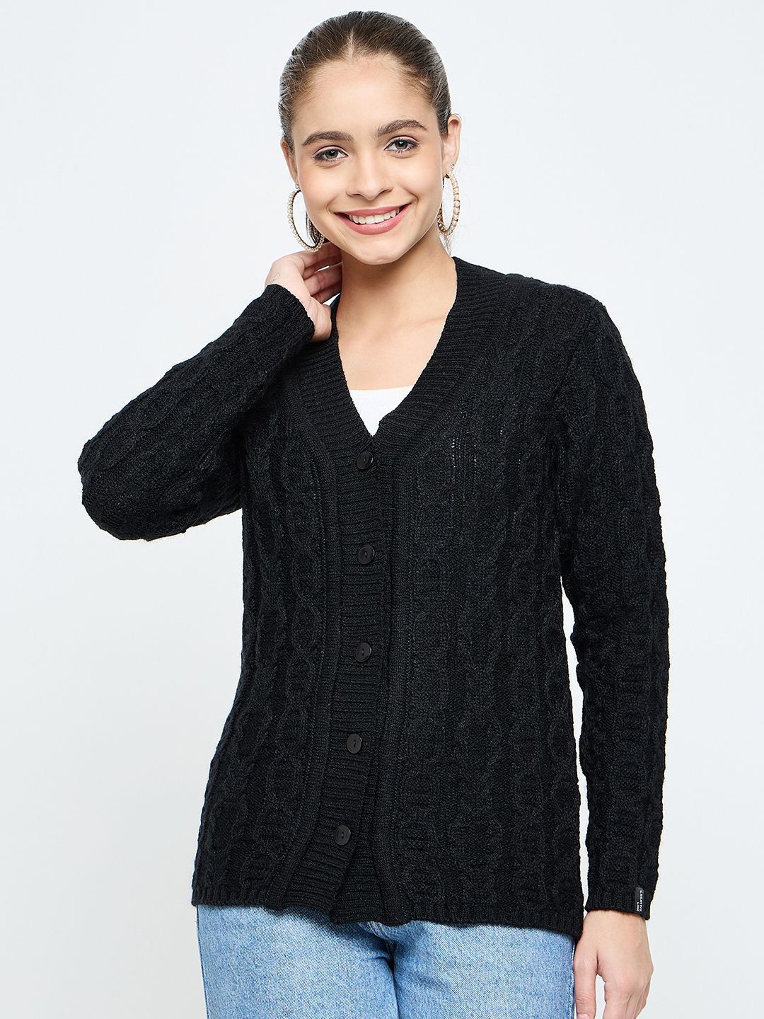 

CREATIVE LINE Women Cable Knit Woollen Cardigan, Black