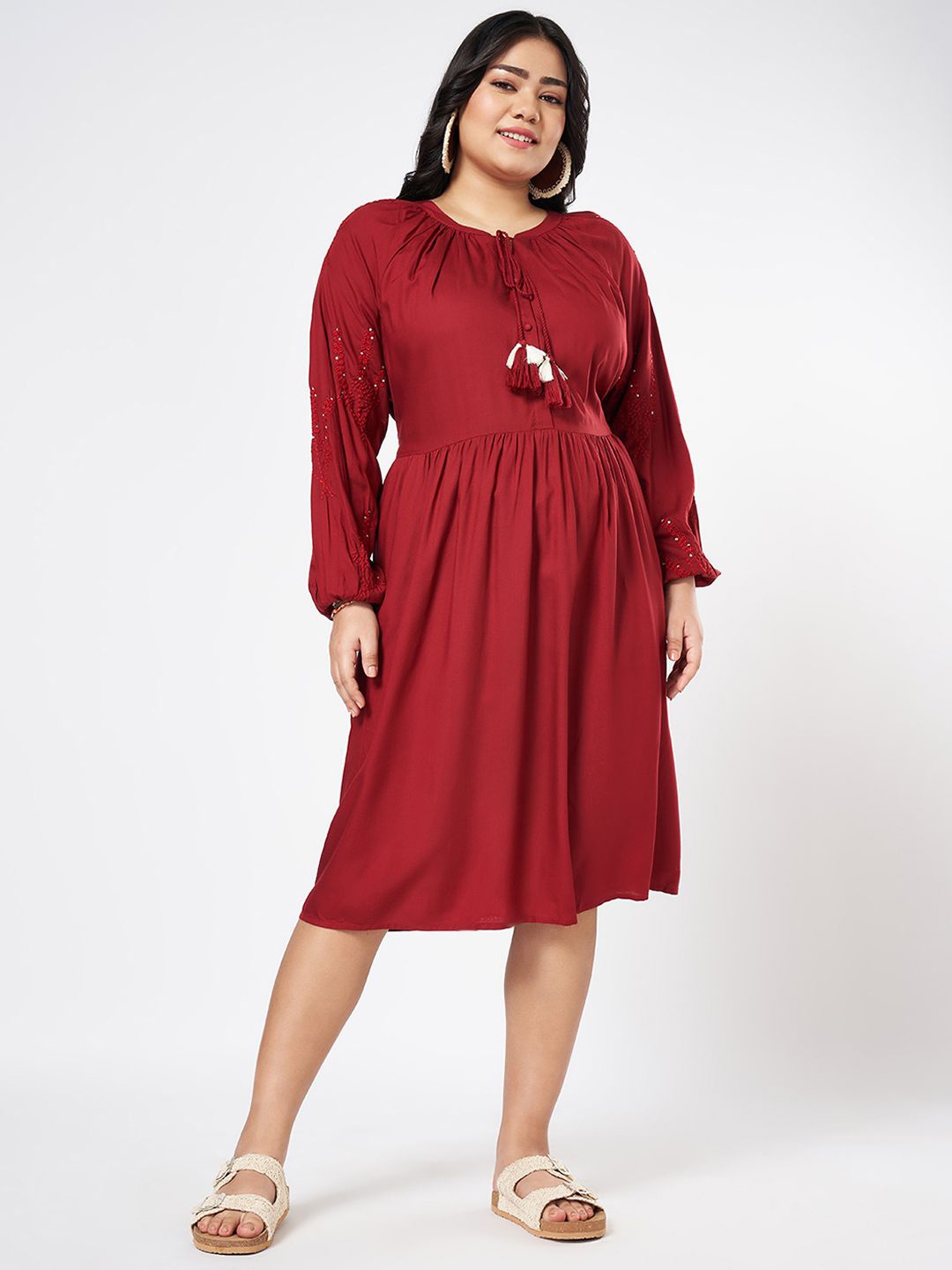 

Honey Curvytude by Pantaloons Women Plus Size Tie-Up Neck Fit & Flare Dress, Red