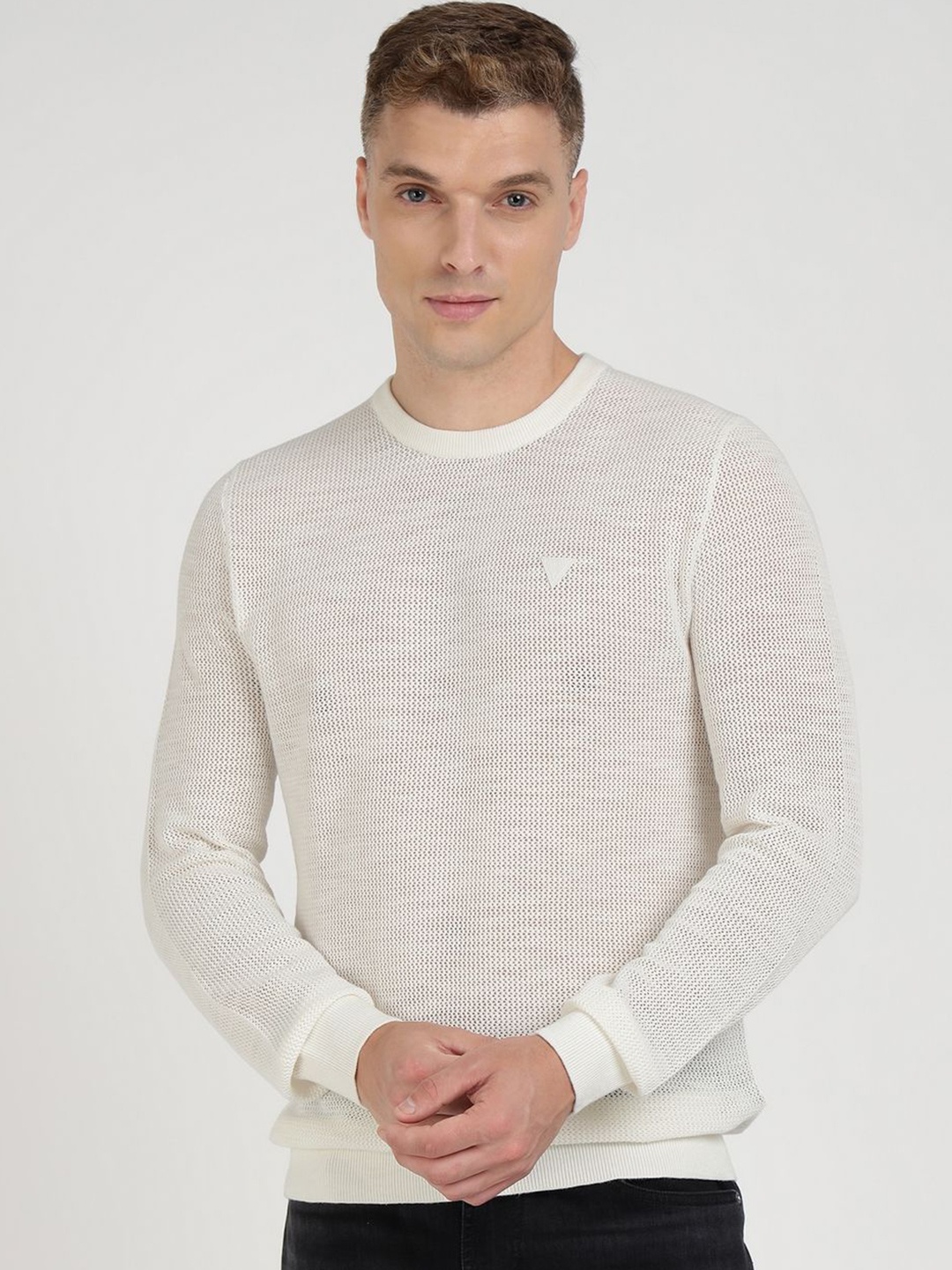 

GUESS Men Cotton Self Design Casual Pullover, White