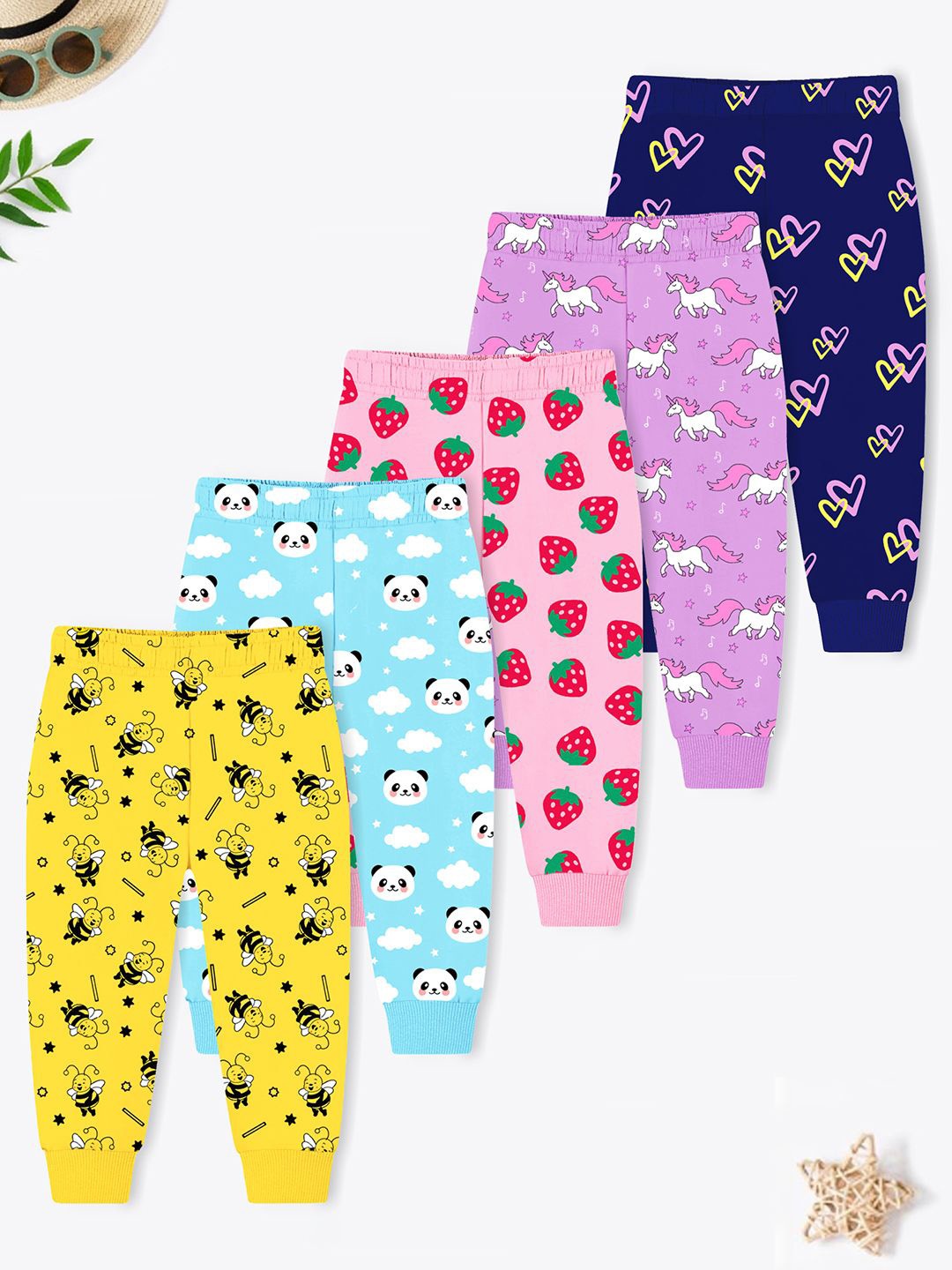 

YK X Trampoline Kids Pack Of 5 Printed Cotton Mid Rise Joggers, Purple