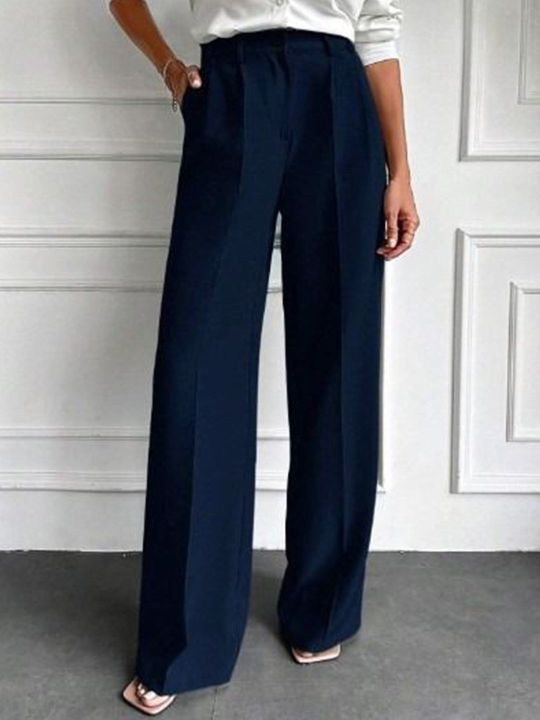 

Next One Women High-Rise Pleated Korean Trousers, Navy blue