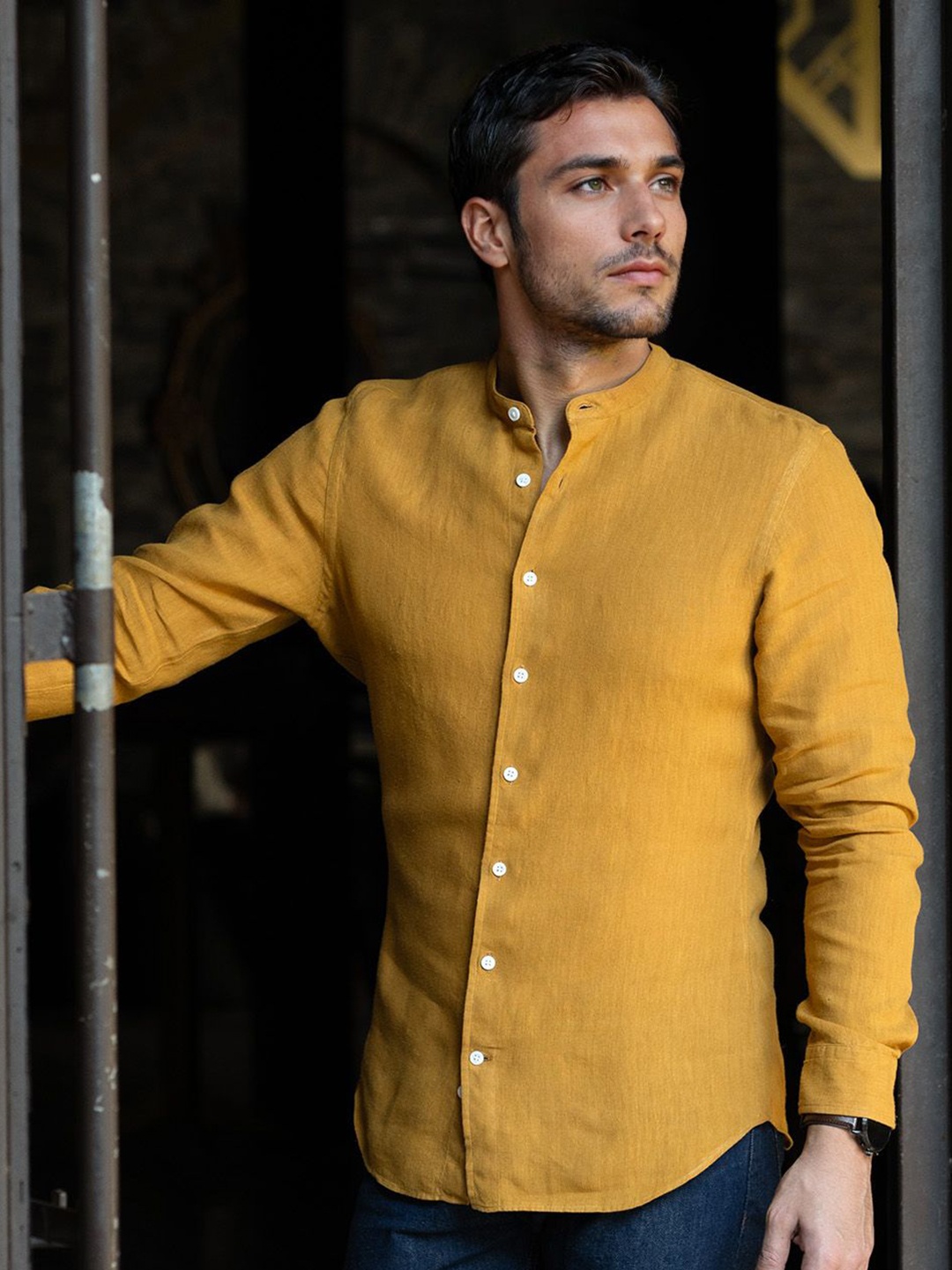 

Monks of Method Men Relaxed Band Collar Solid Relaxed Fit Casual Shirt, Mustard