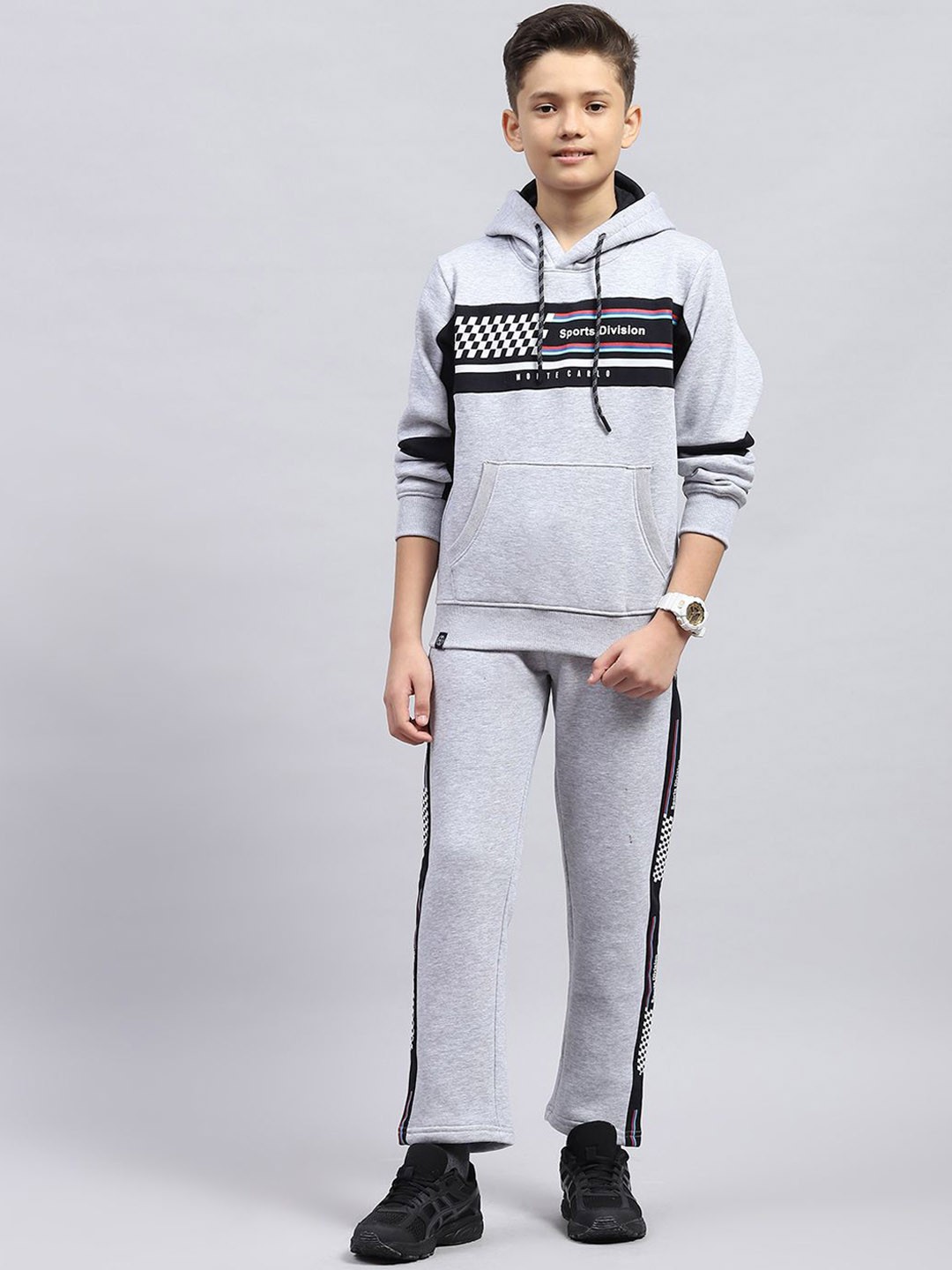 

Monte Carlo Boys Hooded Neck Full Sleeves Printed Tracksuits, Grey