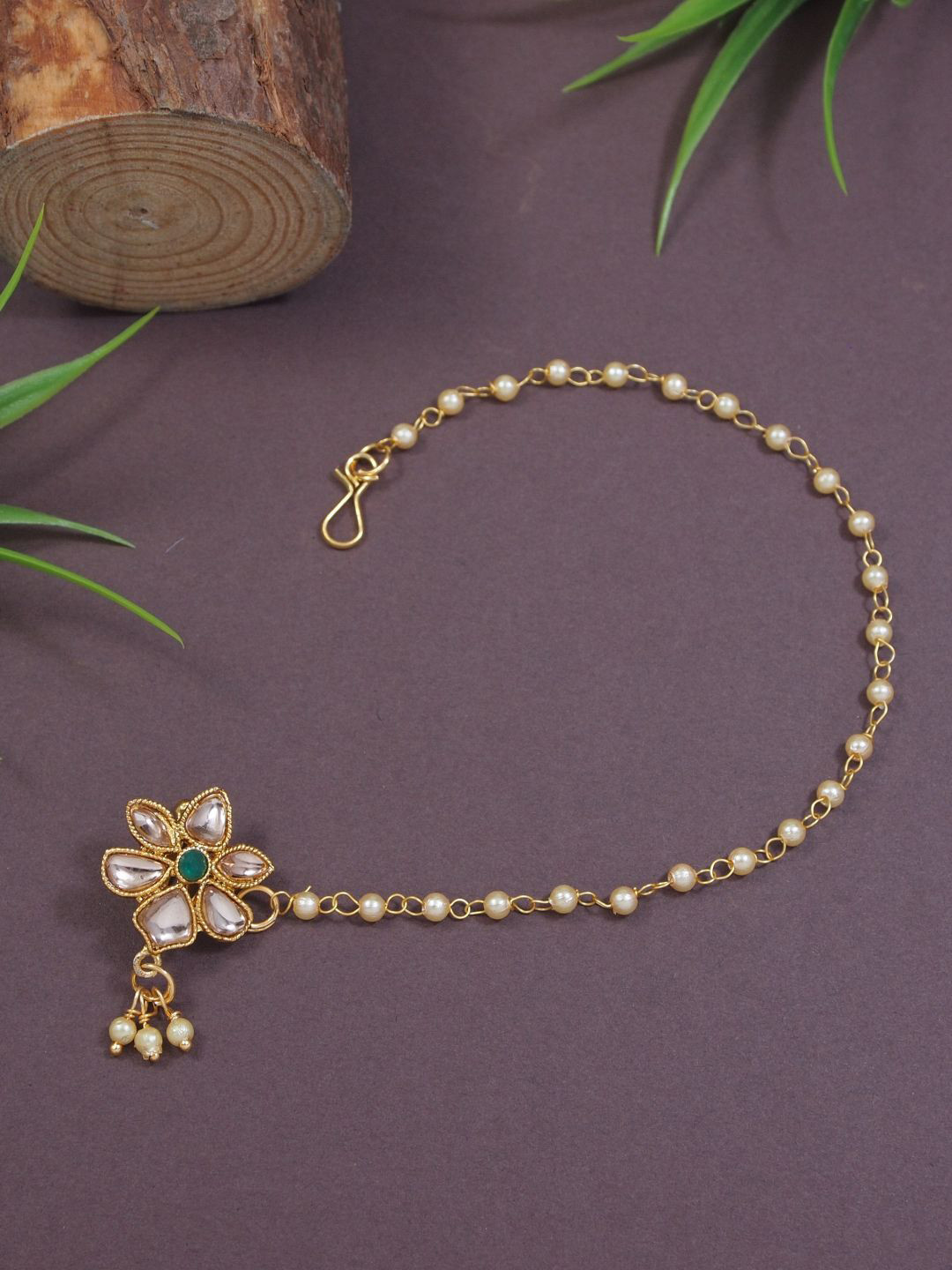 

I Jewels Gold-Plated Pearl Beaded Chained Nosepin