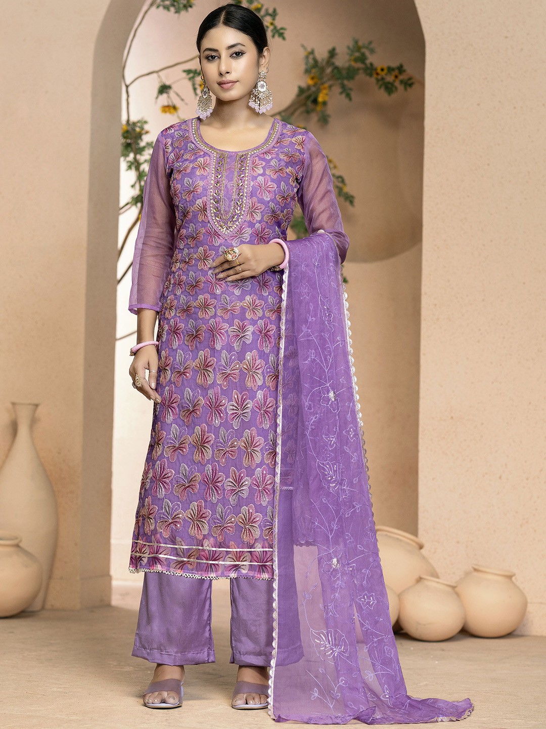 

Maroosh Floral Embroidered Sequinned Organza Unstitched Dress Material, Purple