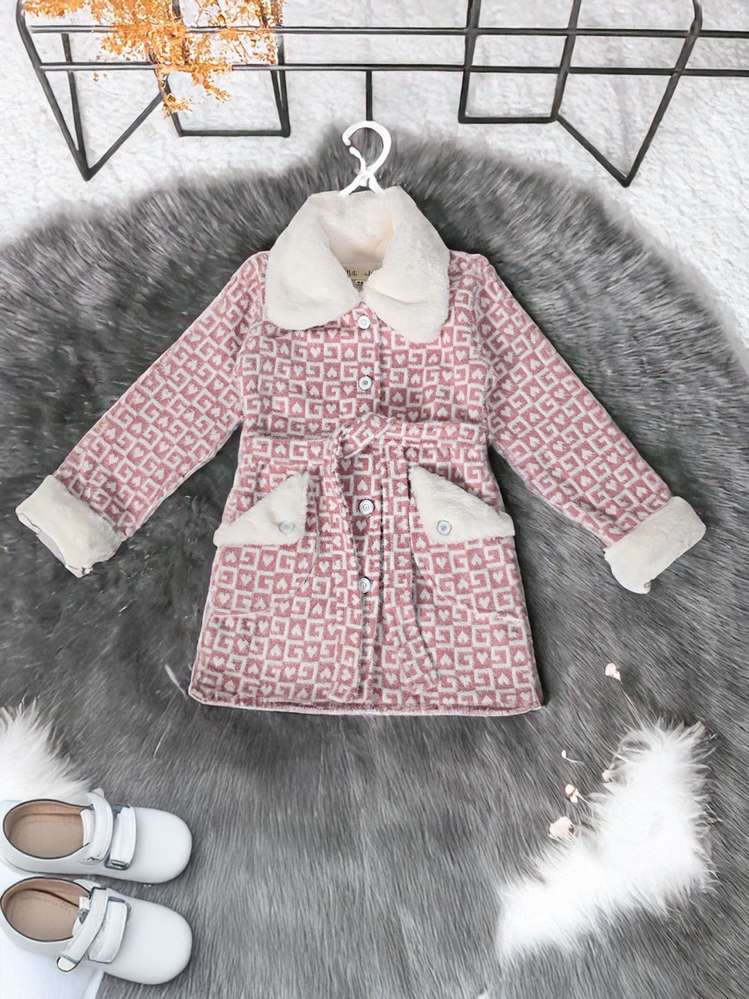 

BAESD Girls Spread Collar Self Design Woollen Casual Parka Jacket, Pink