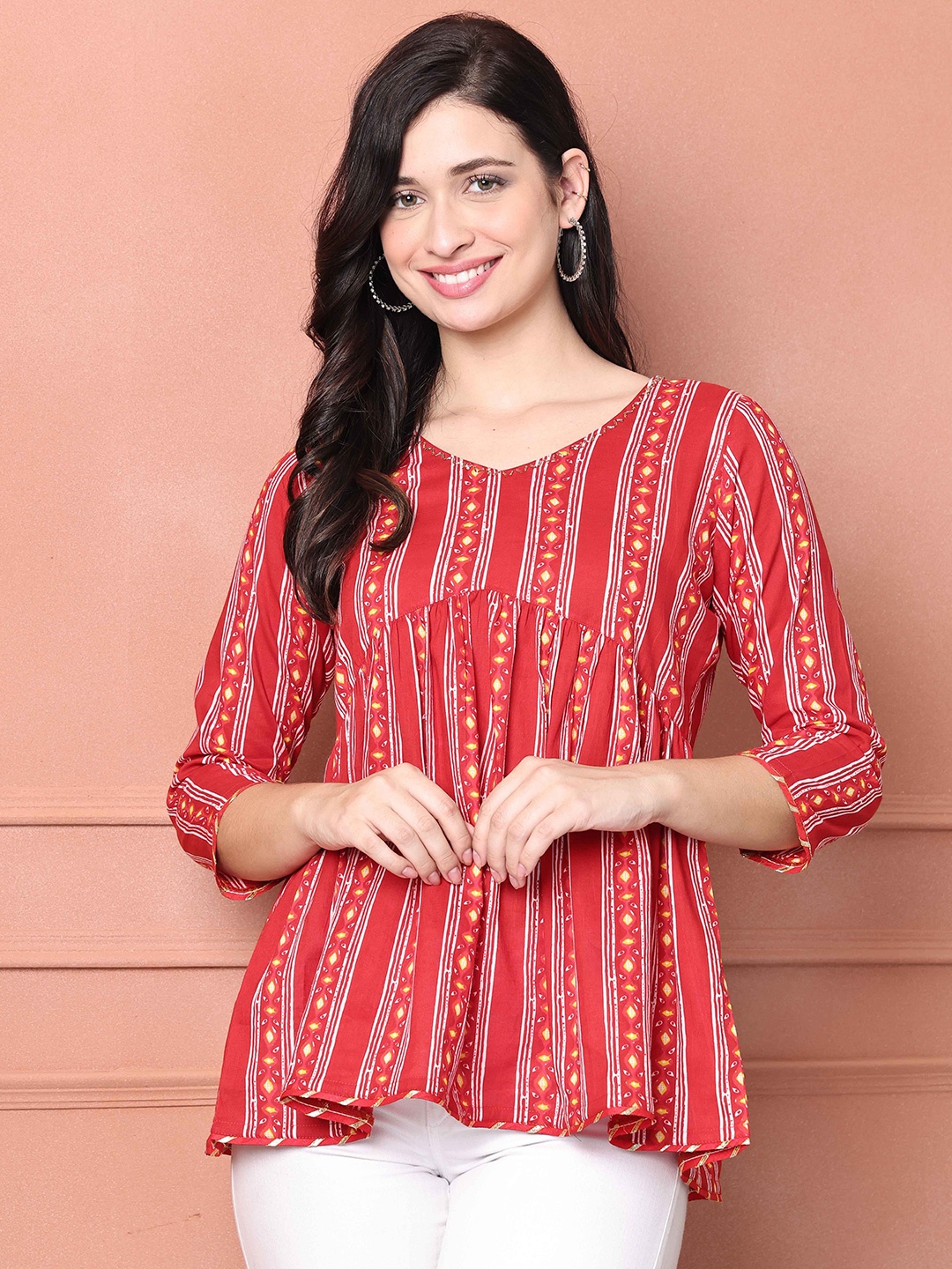 

Roly Poly Striped Ethnic Cotton Peplum Top, Red