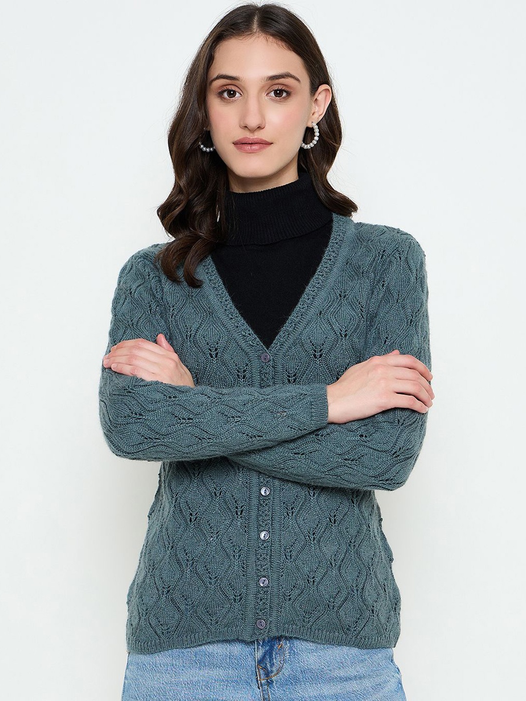 

CREATIVE LINE Women Open Knit Cardigan, Green