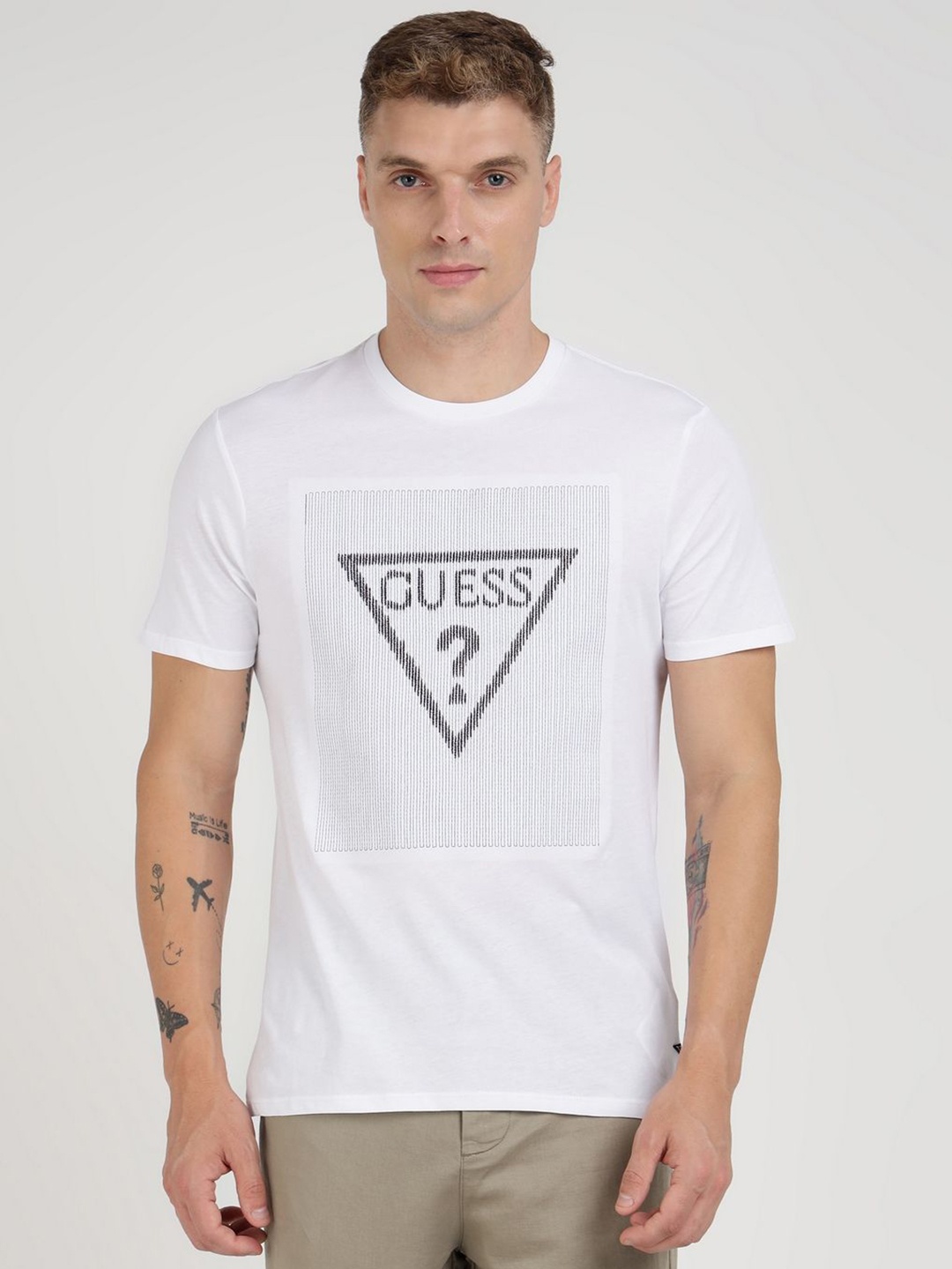 

GUESS Men Brand Logo Printed Round Neck Pure Cotton T-shirt, White