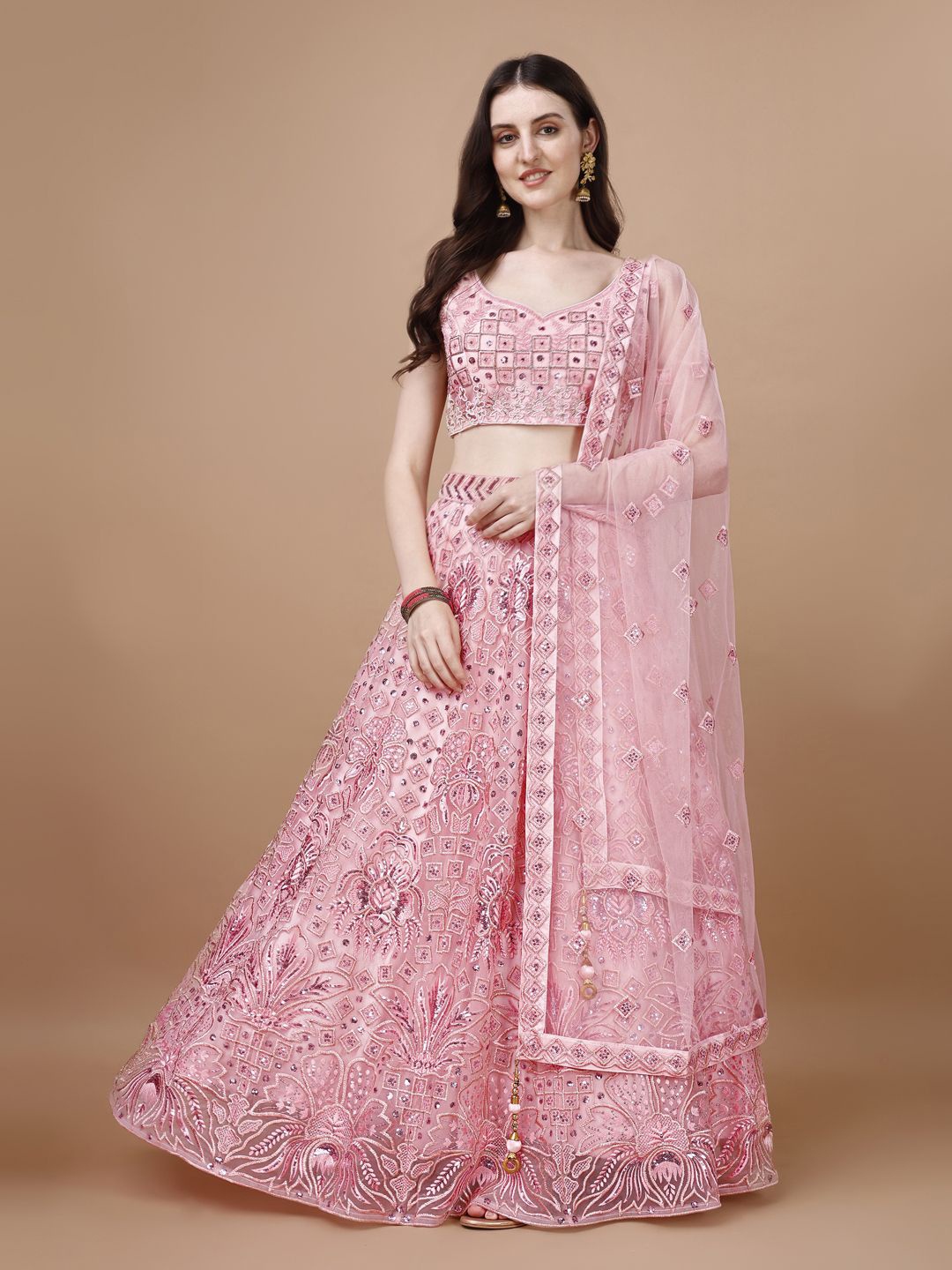 

VANAKARA Embroidered Beads and Stones Net Ready to Wear Lehenga & Blouse With Dupatta, Pink