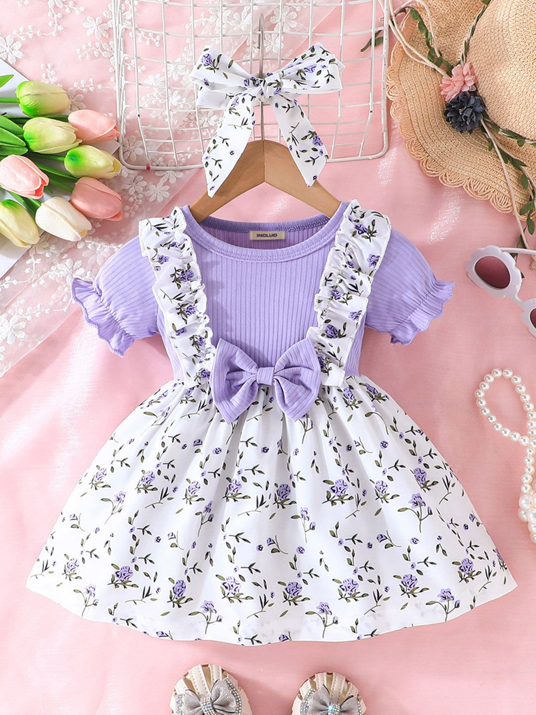 

INCLUD Girls Floral Printed Fit & Flare Dress, Lavender