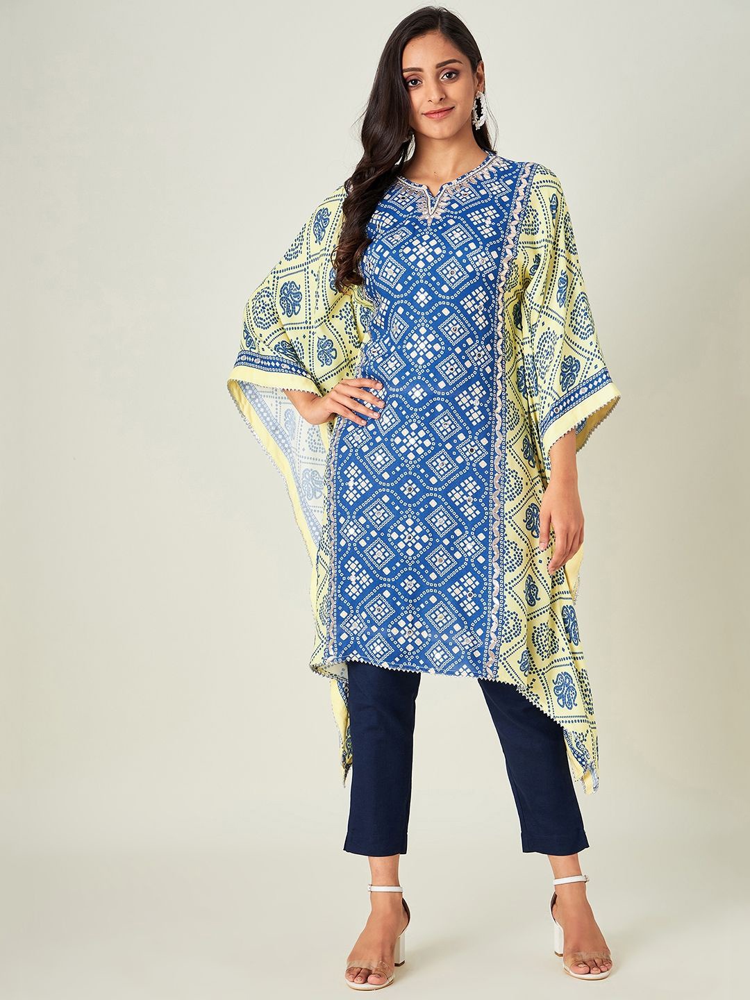 

The Kaftan Company Bandhani Printed Flared Sleeves Gotta Patti Kaftan Kurta, White