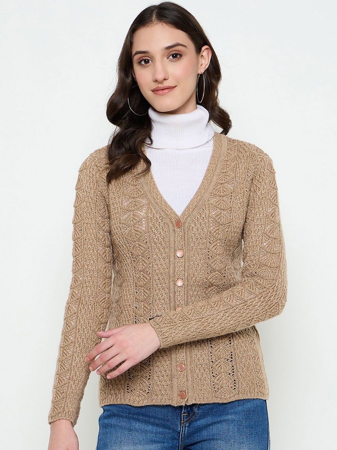 

CREATIVE LINE Women V-Neck Woollen Cardigan, Beige