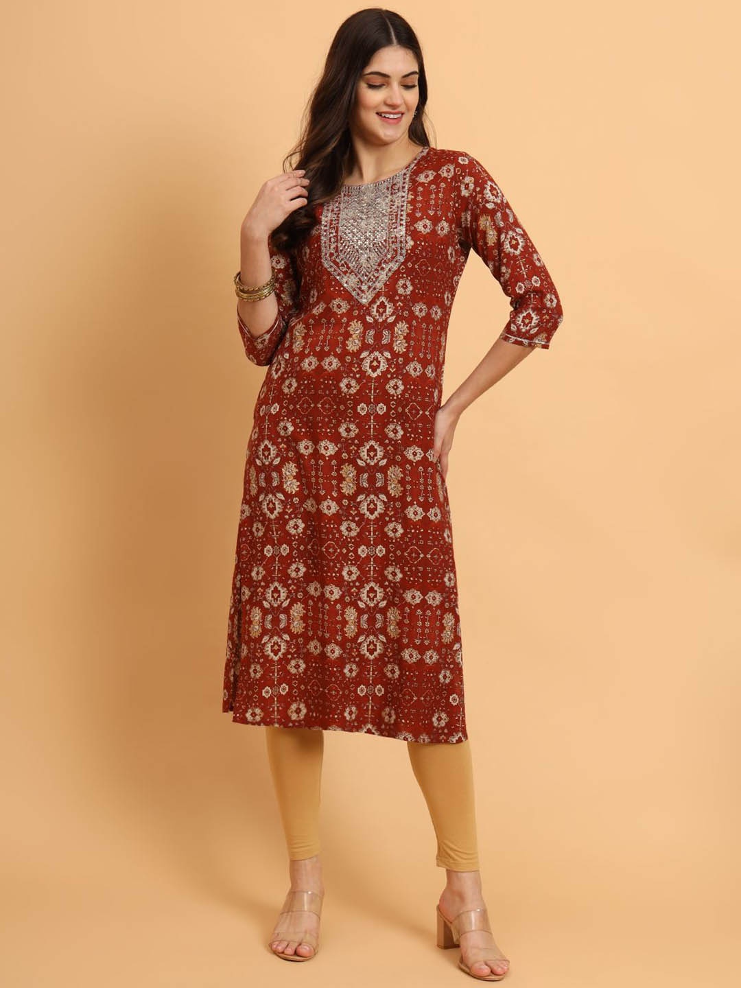 

KALINI Floral Printed Sequinned Straight Kurta, Maroon