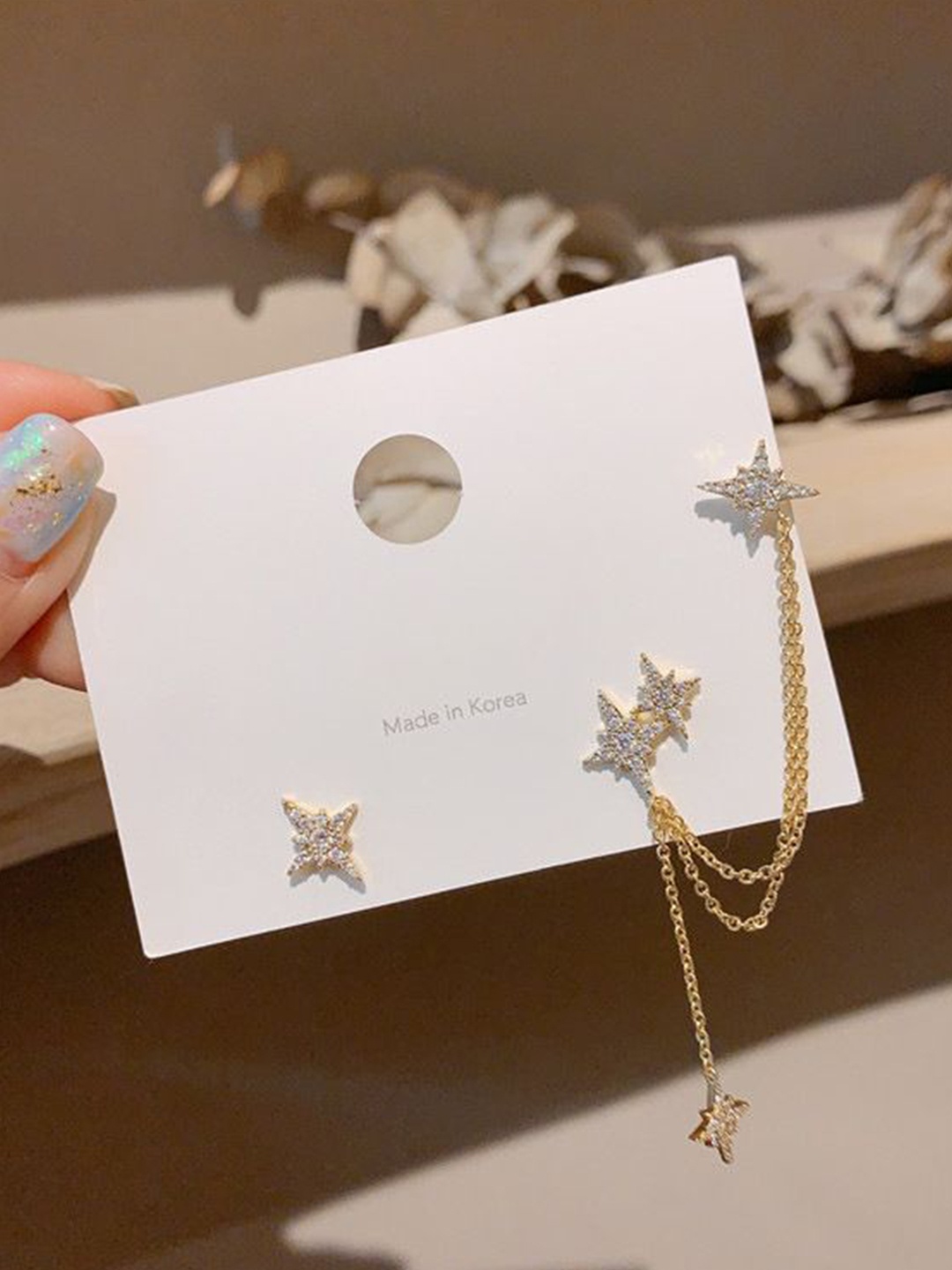 

YU FASHIONS Gold-Plated Rhinestone Studded Geometric Drop Earrings