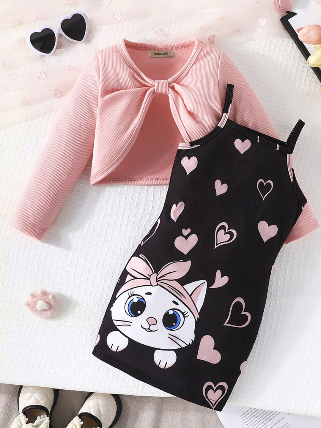 

INCLUD Girls Conversational Printed Shoulder Straps Bodycon Dress with Shrug, Pink