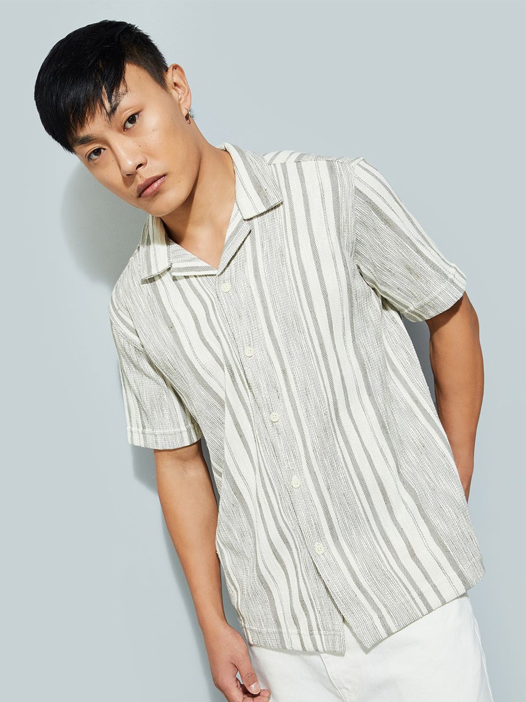 

max URB_N Men Relaxed Fit Striped Cotton Resort Shirt, White