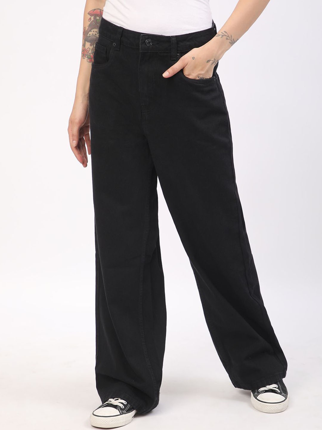 

R&B Women Wide Leg High-Rise Highly Distressed Jeans, Black