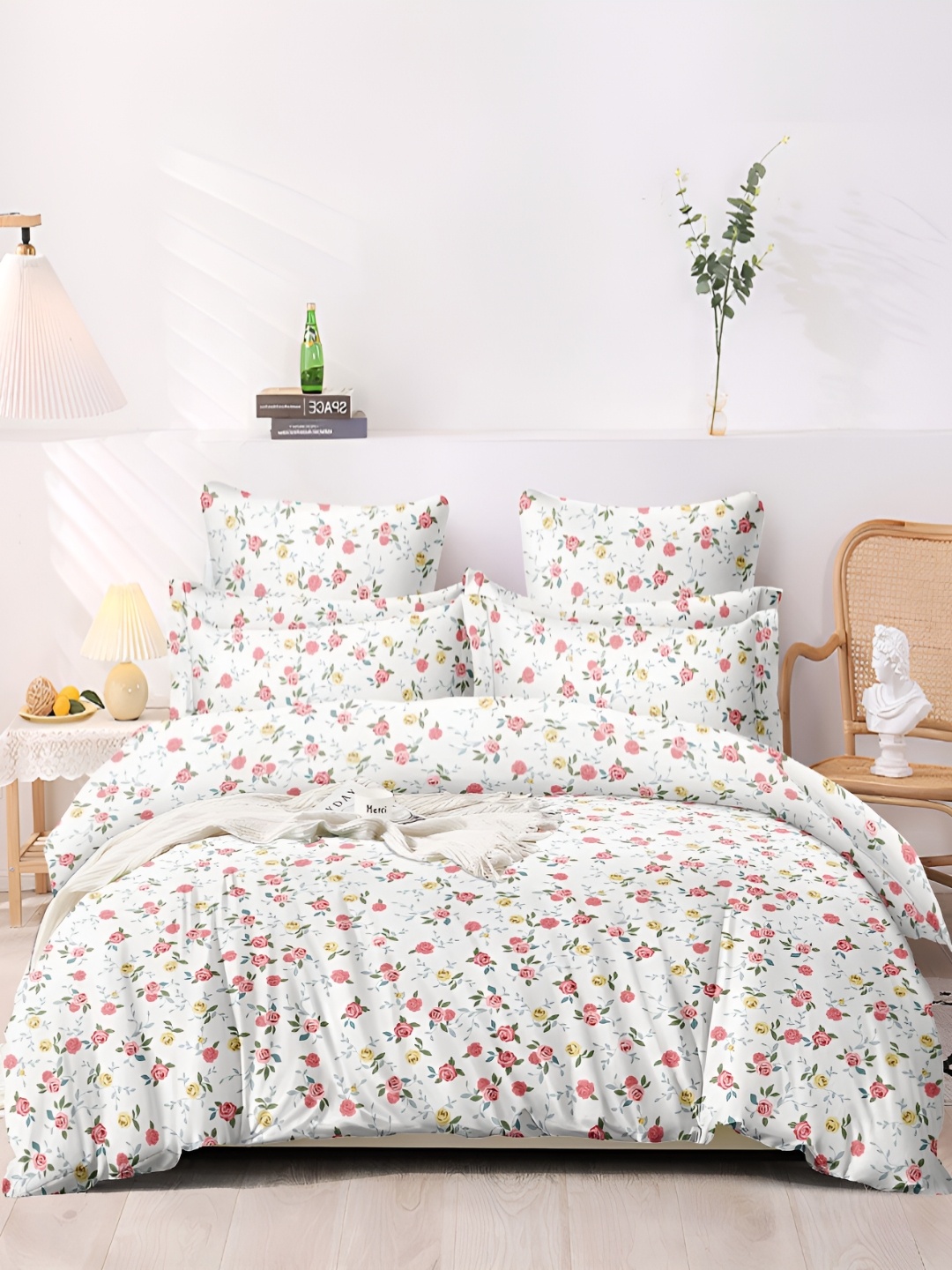 

MORADO White & Pink Roses Printed Cotton Duvet Cover