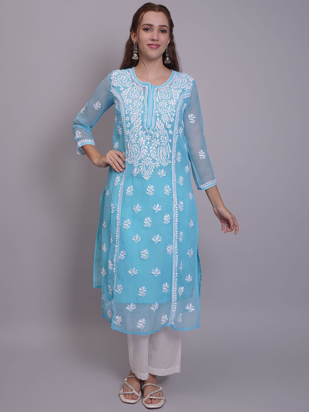 

Seva Chikan Ethnic Motifs Embroidered Chikankari Straight Kurta, Blue