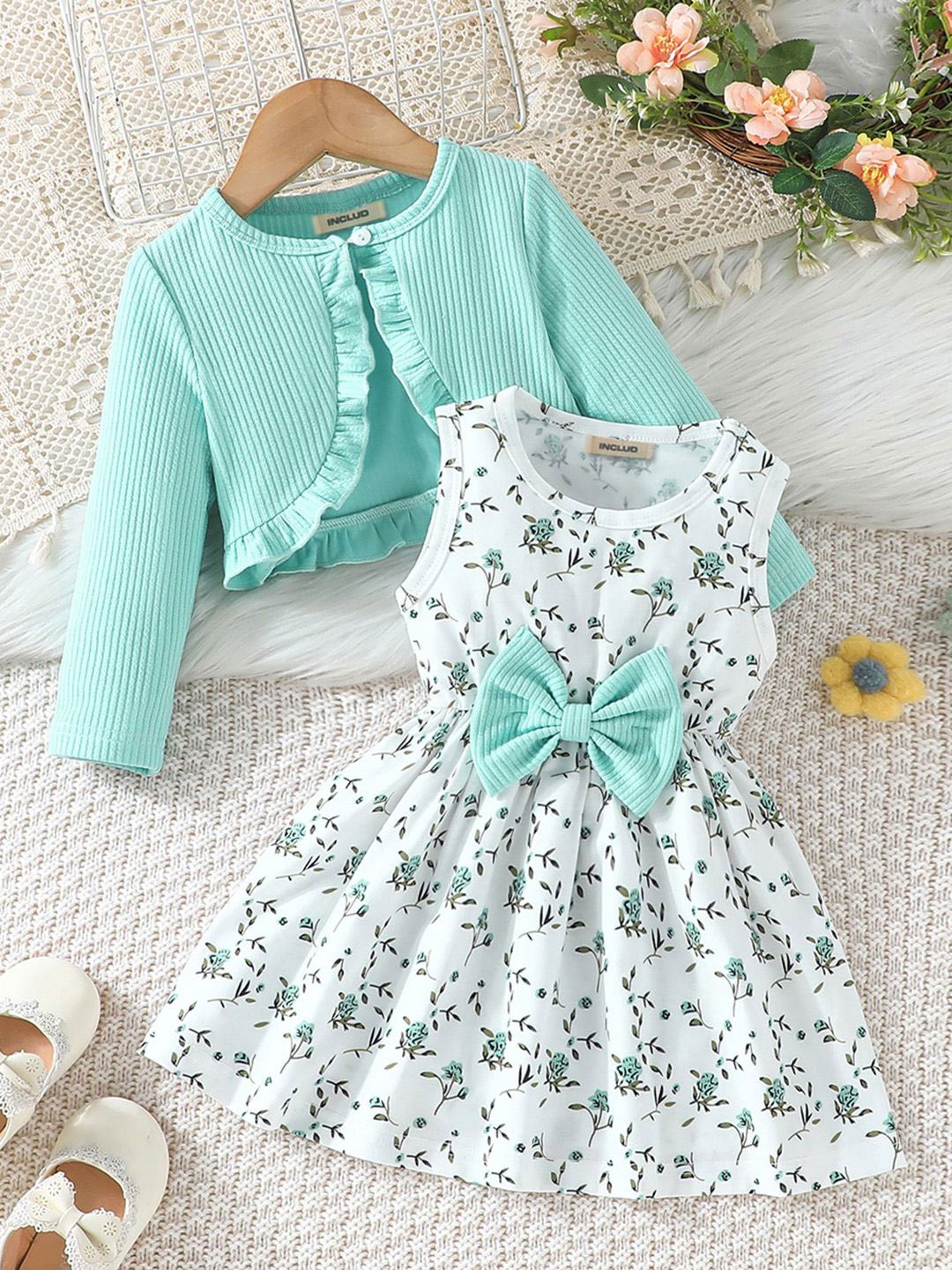 

INCLUD Girls Long Sleeves Knitted Top With Floral Printed Dress, Green