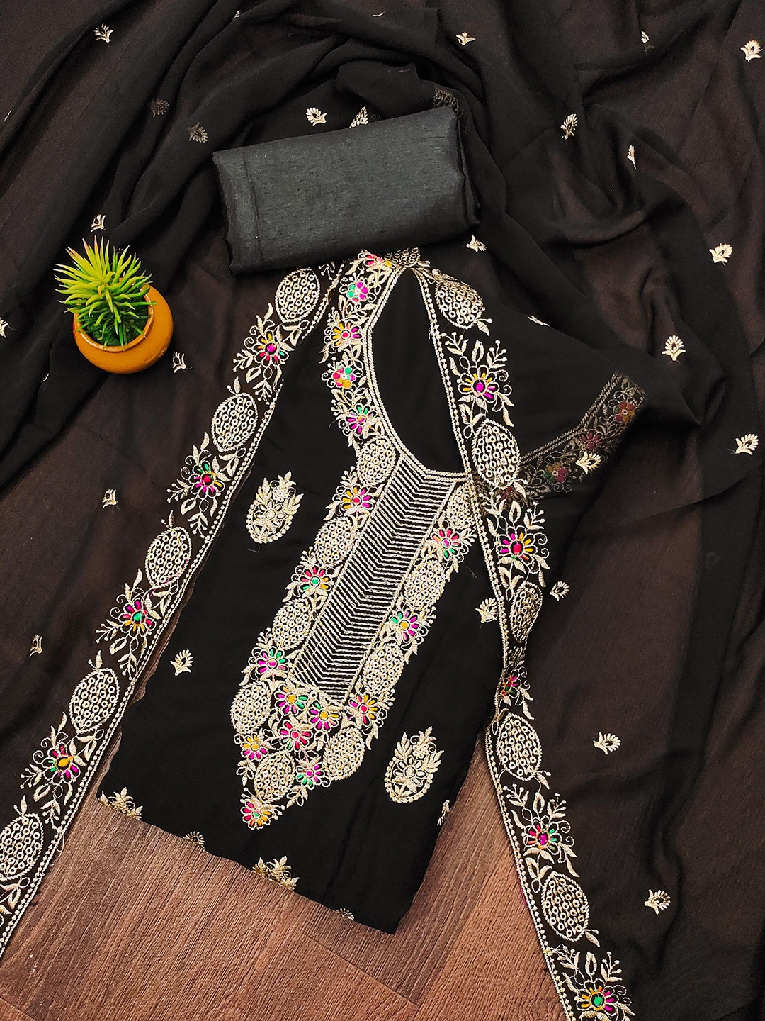 

KALINI Floral Embroidered Zari Silk Georgette Unstitched Dress Material, Black