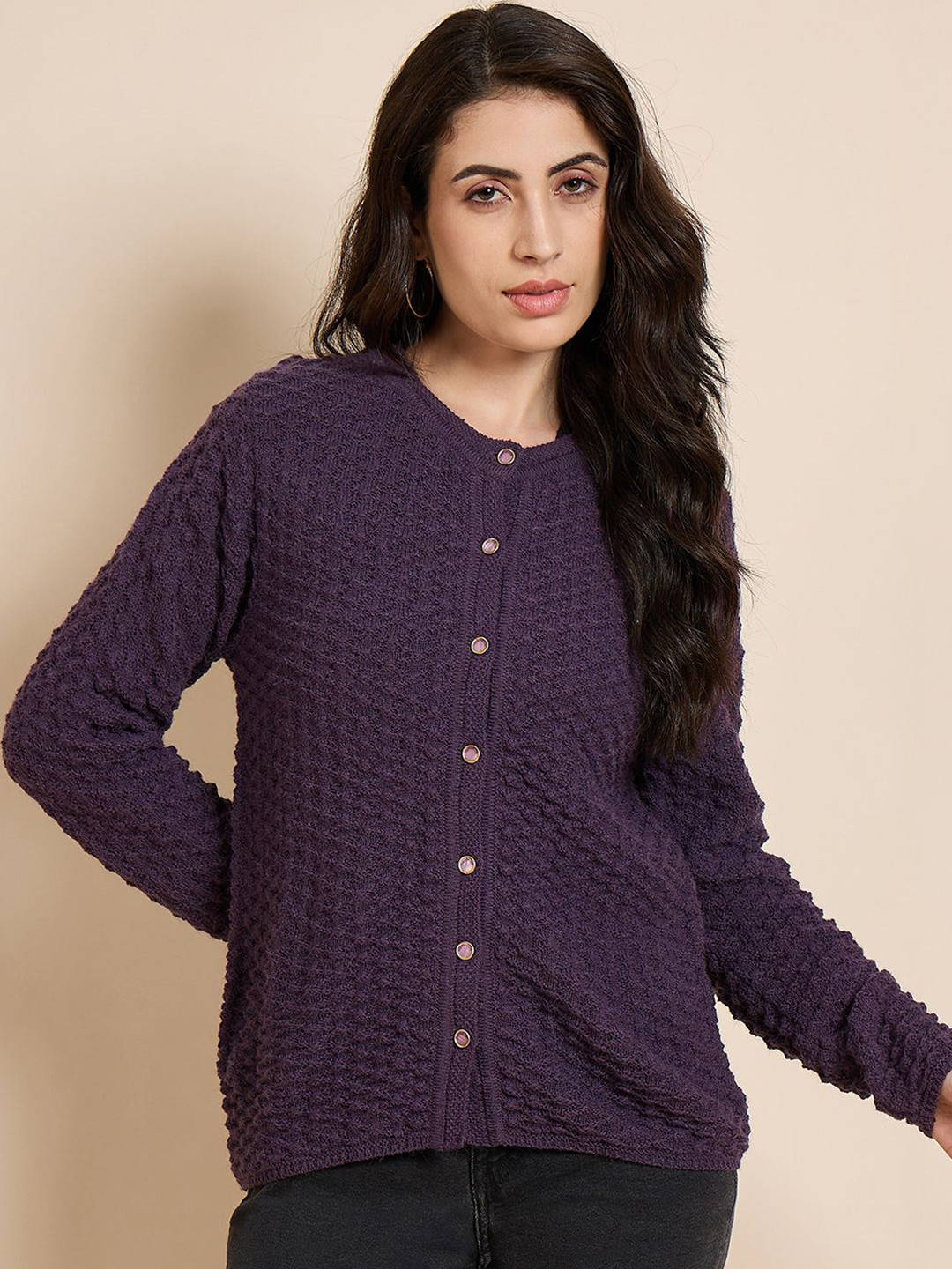 

CREATIVE LINE Women Ribbed Longline Cardigan, Purple