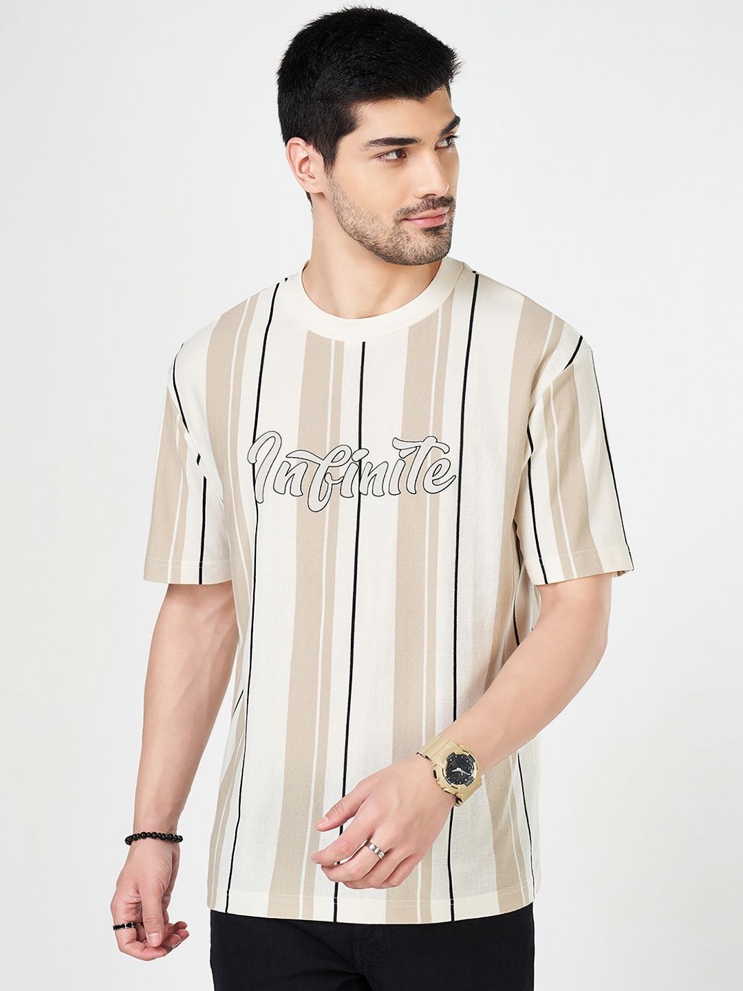 

People Men Striped Round Neck Cotton Boxy T-shirt, Grey