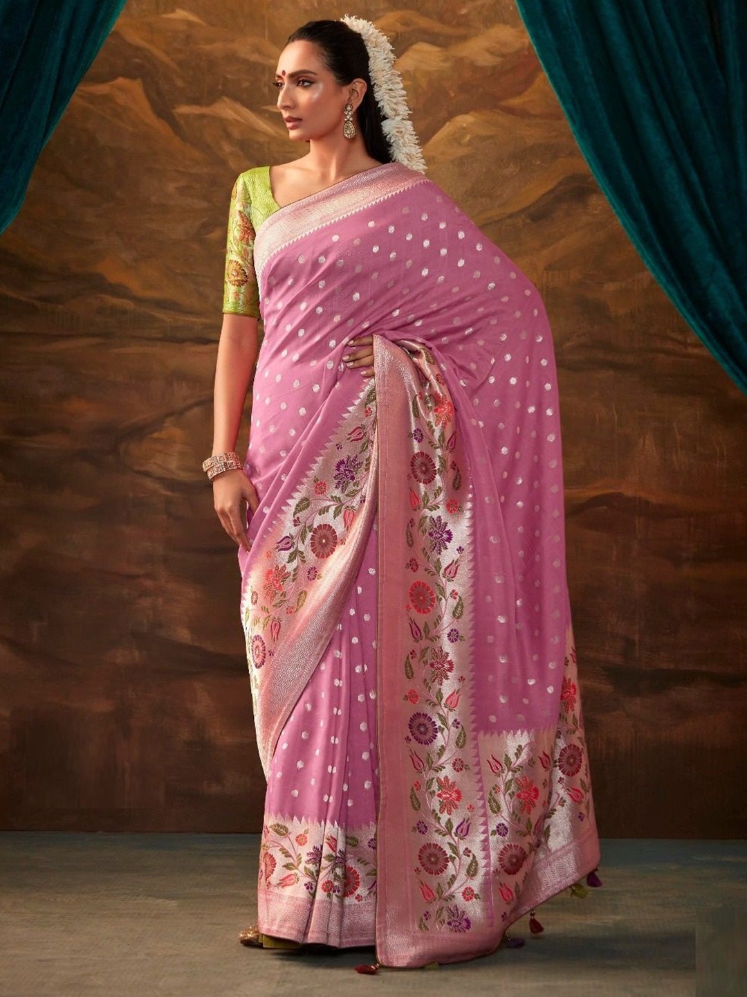 

MAHALASA Ethnic Motifs Woven Design Zari Paithani Saree, Pink