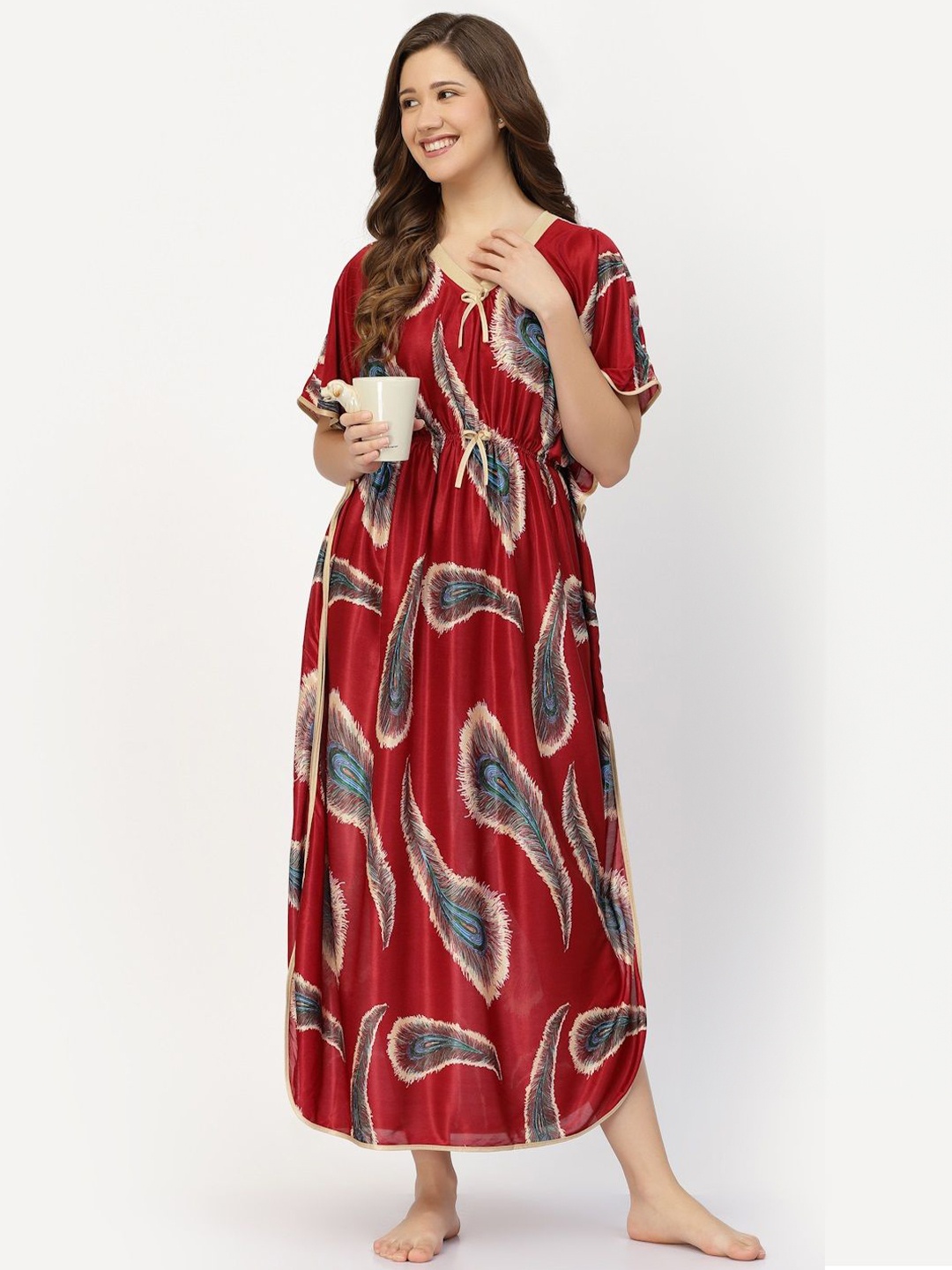 

CHUI MUI Women Printed Maxi Kaftan Nightdress, Maroon