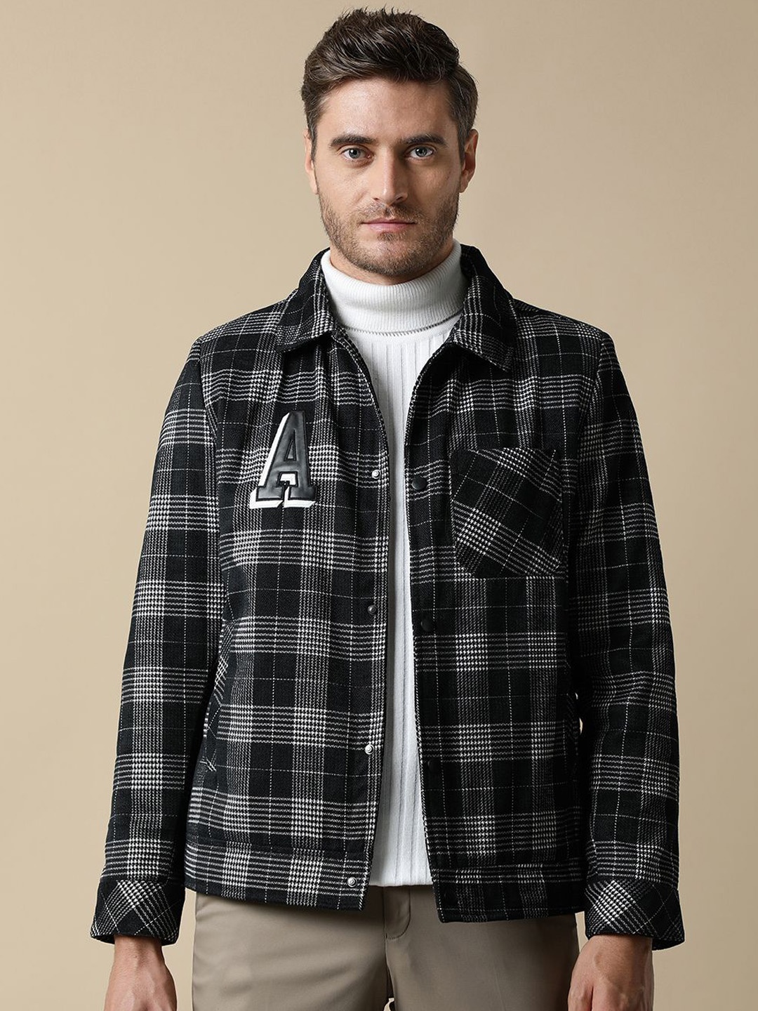 

Fort Collins Men Spread Collar Checked Woollen Casual Open Front Jacket, Black