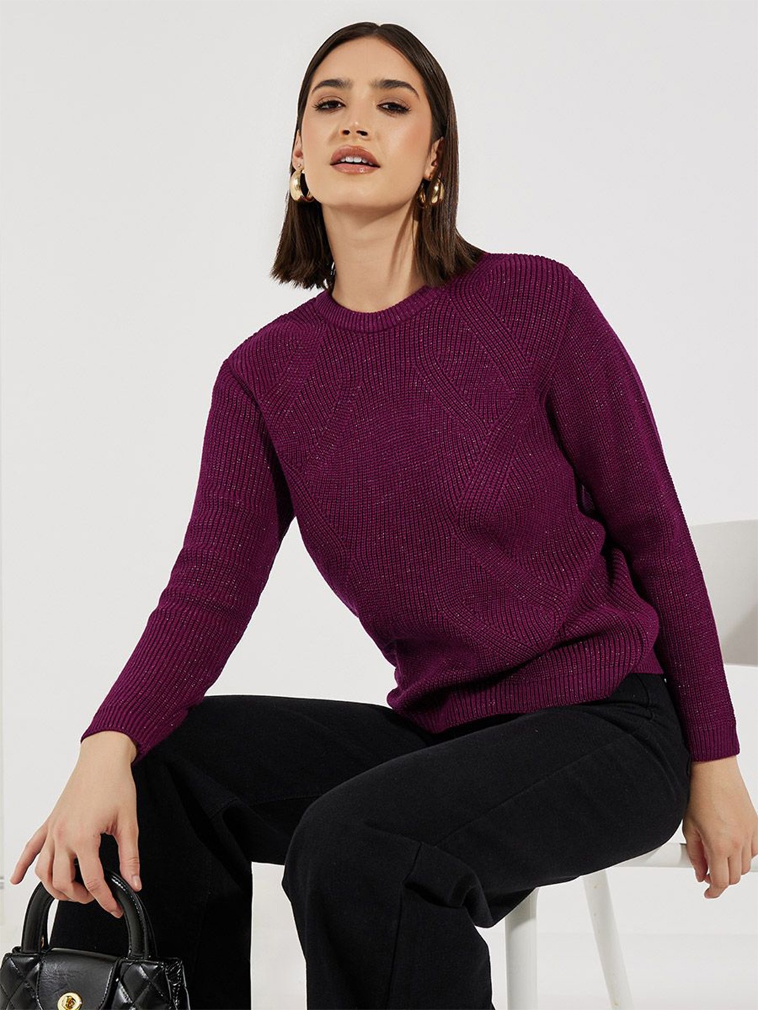 

Styli Women Boxy Fit Regular Length Sweater In Shimmer Knit, Purple