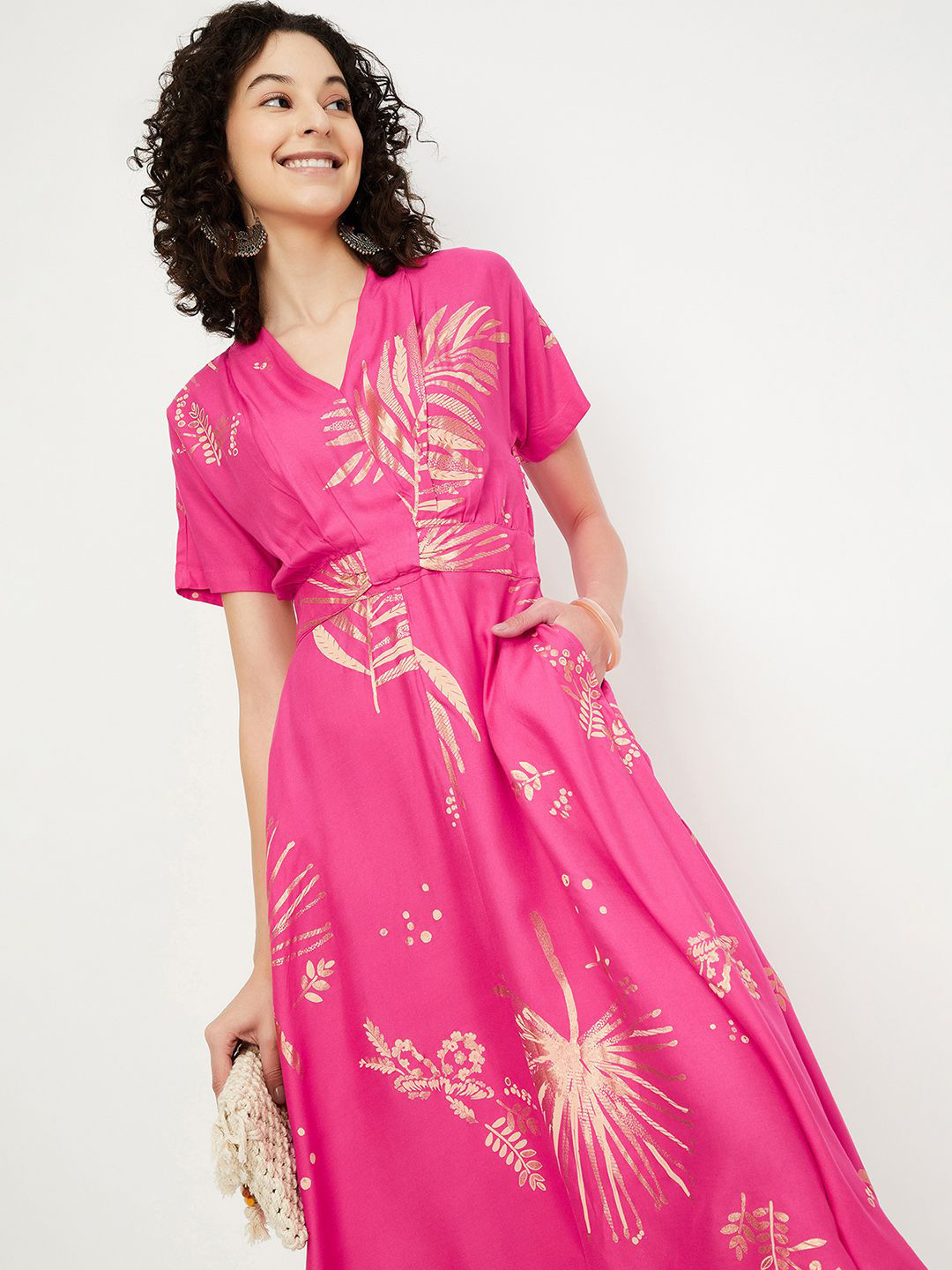 

max Women Floral Printed V-Neck Fit & Flare Dress, Pink