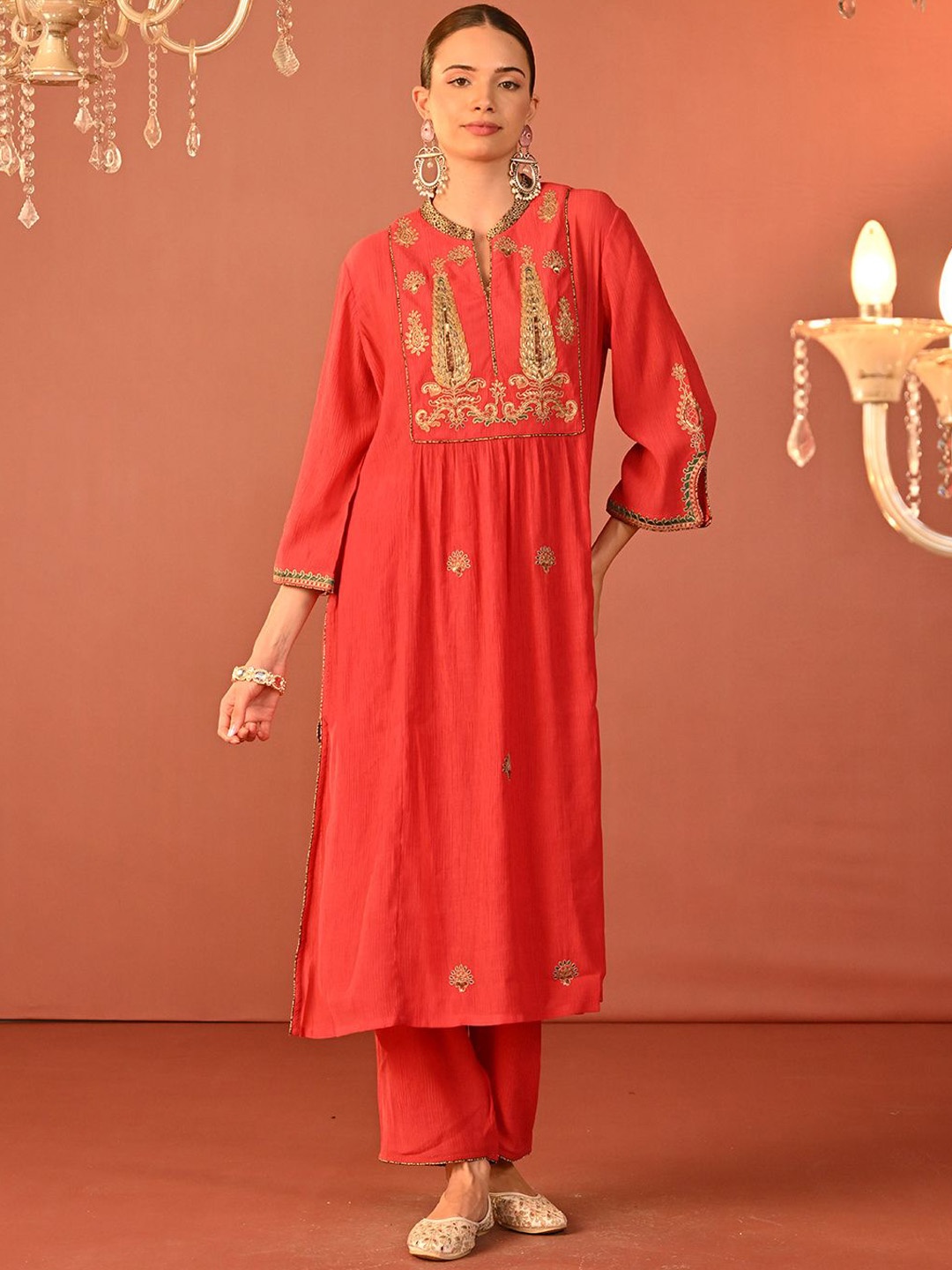 

Lakshita Ethnic Motifs Zari Embroidered Straight Kurta with Trousers, Red