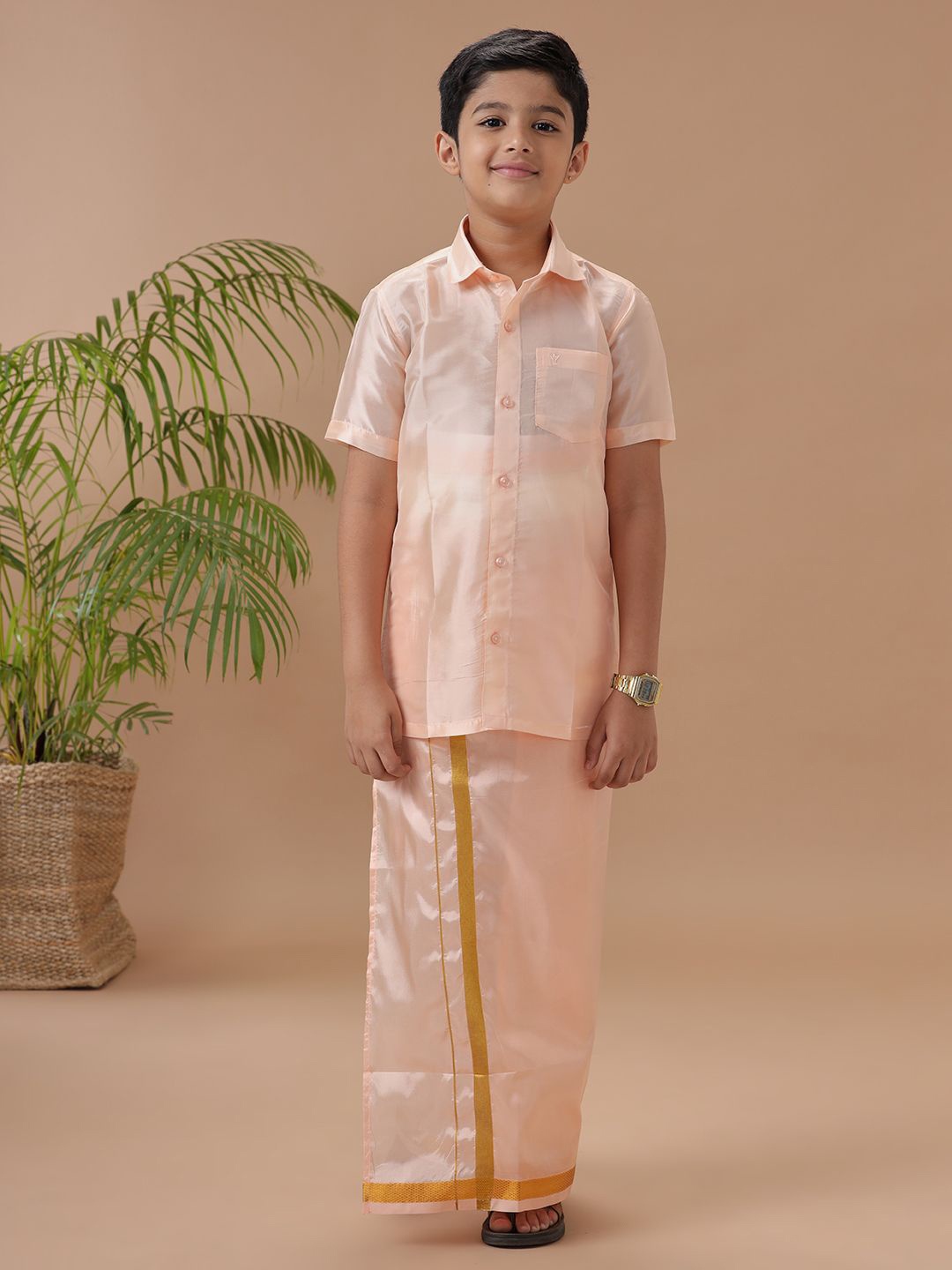 

Ramraj Boys Short Sleeves Shirt With Zari Border Dhoti, Peach