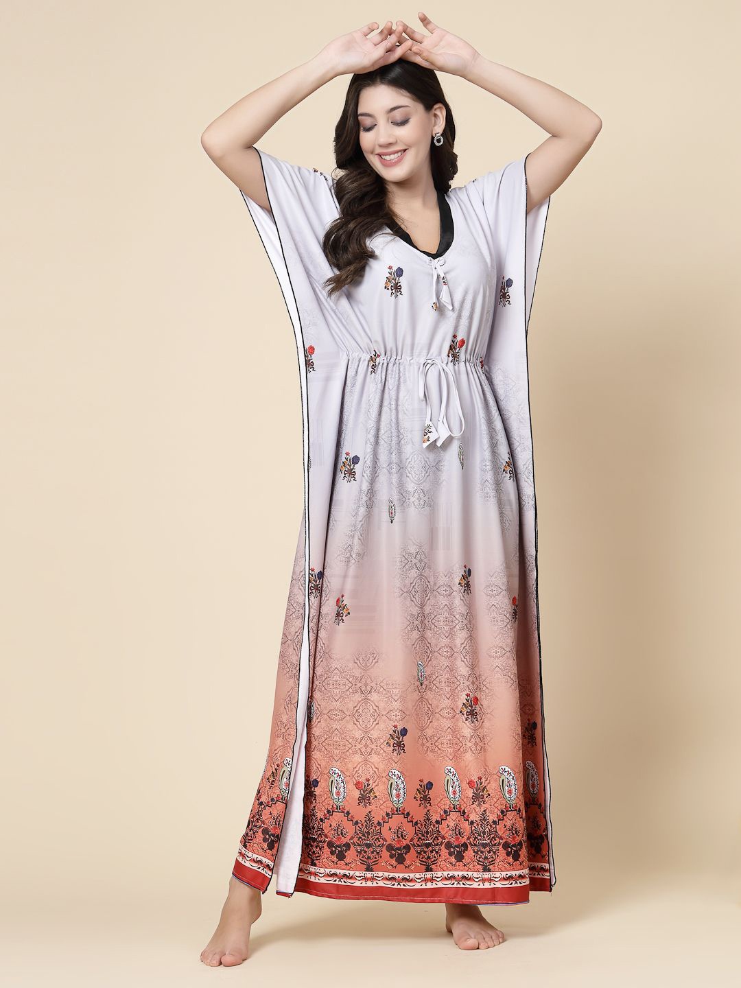 

CHUI MUI Women Printed Maxi Kaftan Nightdress, Grey melange