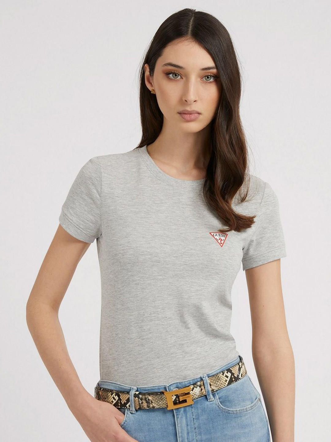 

GUESS Women Solid Round Neck Cotton T-shirt, Grey melange