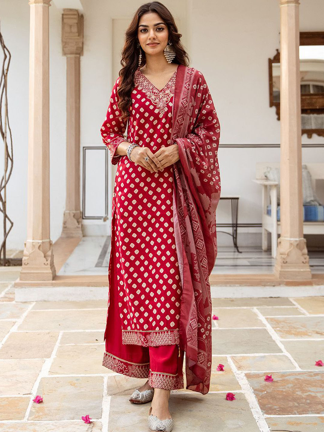 

Ishin Ethnic Motifs Printed Beads & stones Straight Kurta With Palazzos & Dupatta, Maroon