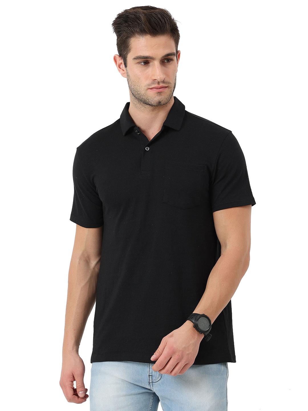 

ECOLINE Clothing Men Antimicrobial Solid Polo Collar Cotton T-shirt, Black