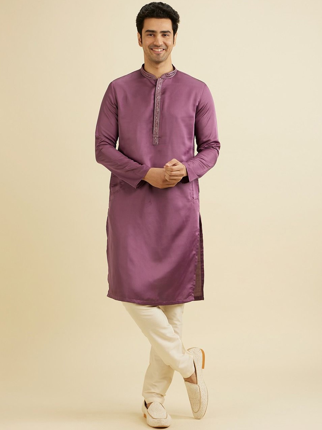 

Manyavar Floral Yoke Design Thread Work Kurta with Pyjama, Purple