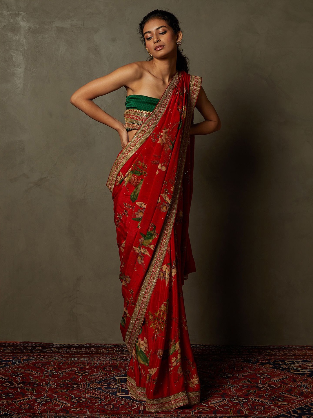 

Ri.Ritu Kumar Beads and Stones Embellished Floral Printed Sarees, Red