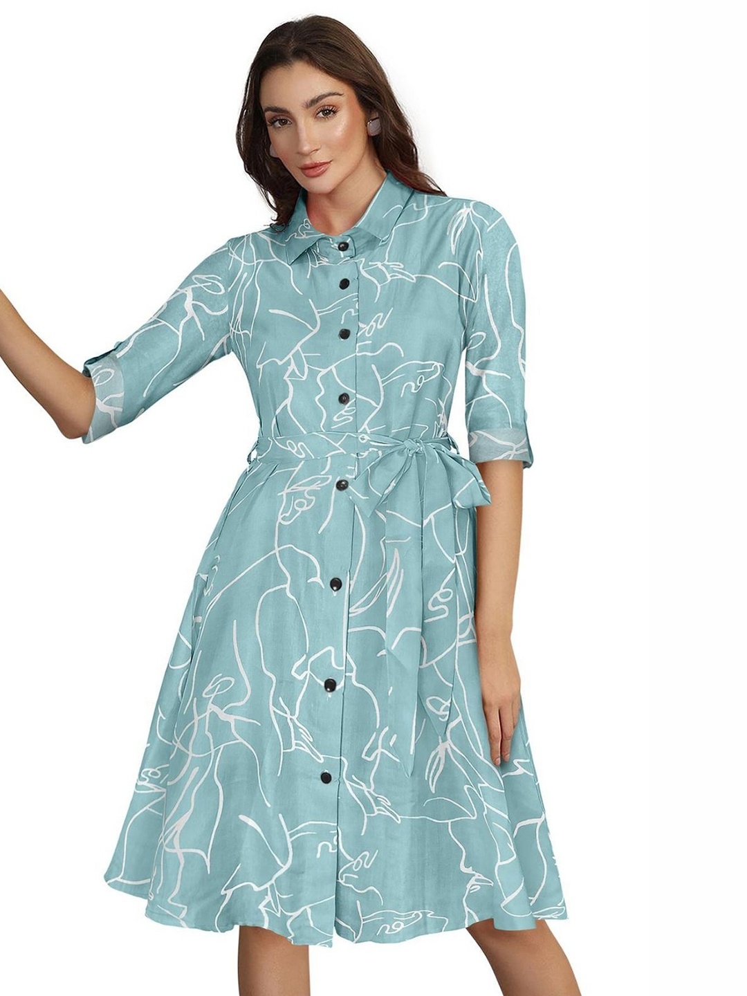 

ODETTE Women Abstract Printed Cotton Shirt Collar Roll-up Sleeves Knee Length Shirt Dress, Blue