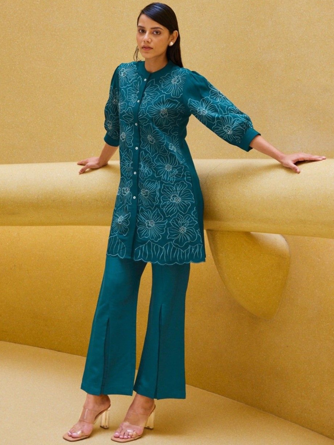 

AUTUMN LANE Floral Printed Sequinned Detail Regular Tunic with Trousers, Teal