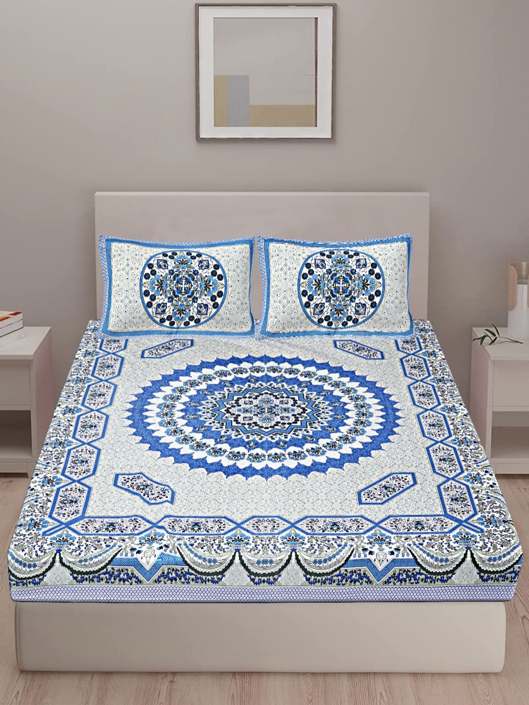 

VANI E Blue & Grey Floral 180 TC Cotton King Bedsheet Set-2.54 m x 2.74 m