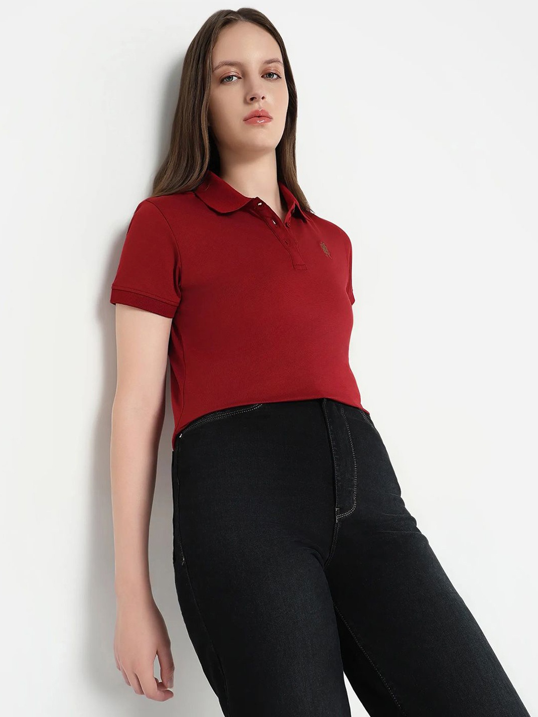 

RAREISM Women Polo Collar Extended Sleeves T-shirt, Maroon