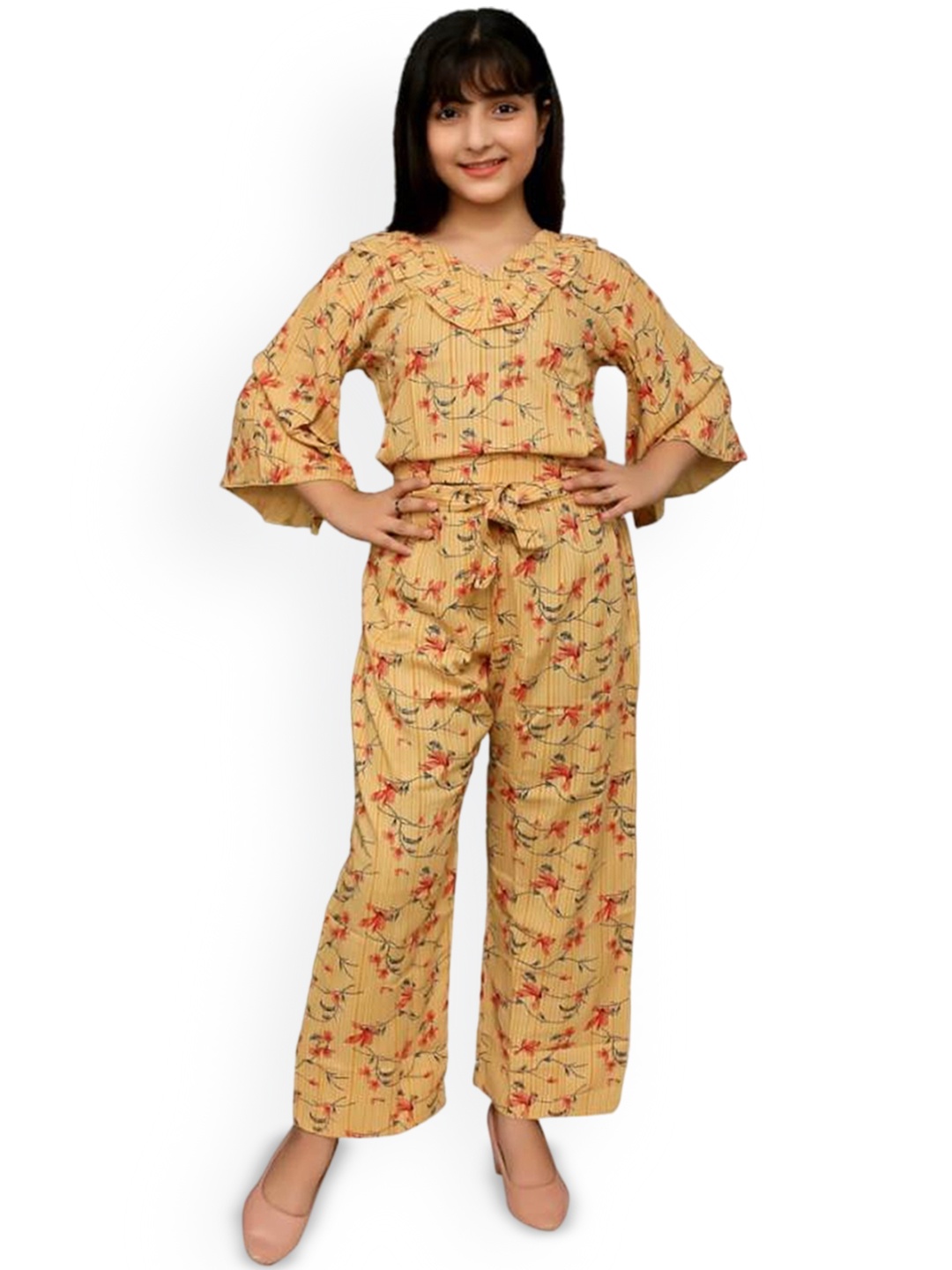 

FELLAMO Floral Printed Flared Sleeves Pure Cotton Top with Palazzo, Yellow