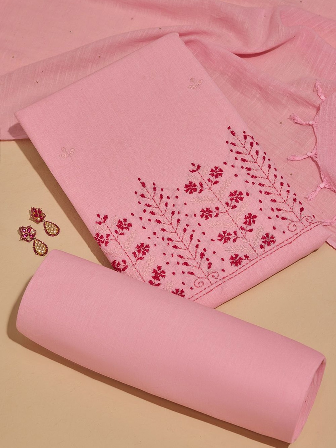 

Taneira Floral Embroidered Pure Cotton Unstitched Dress Material, Pink