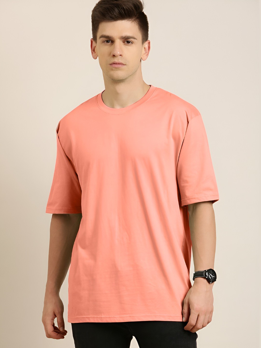 

FALTU.CO Men Solid Round Neck Pure Cotton Oversized T-shirt, Peach